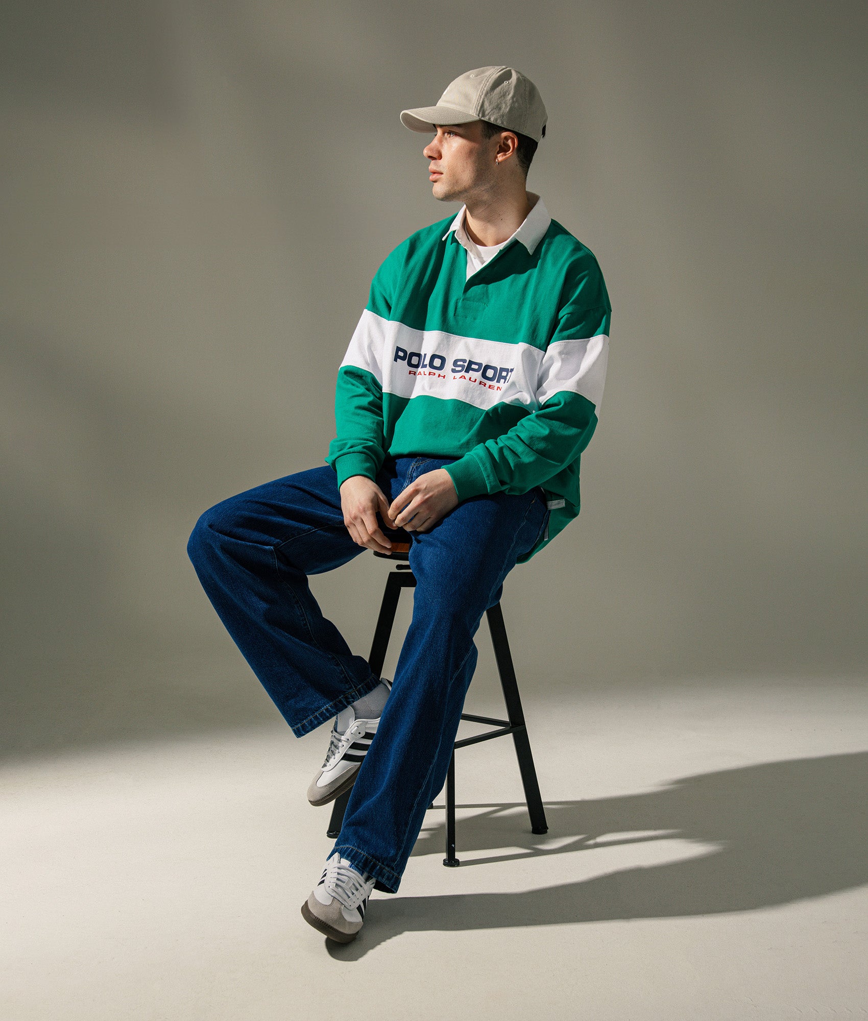 Polo Ralph Lauren Relaxed Fit Polo Sport Rugby Shirt in Erin Green and White at EQVVS Menswear. Campaign shot.