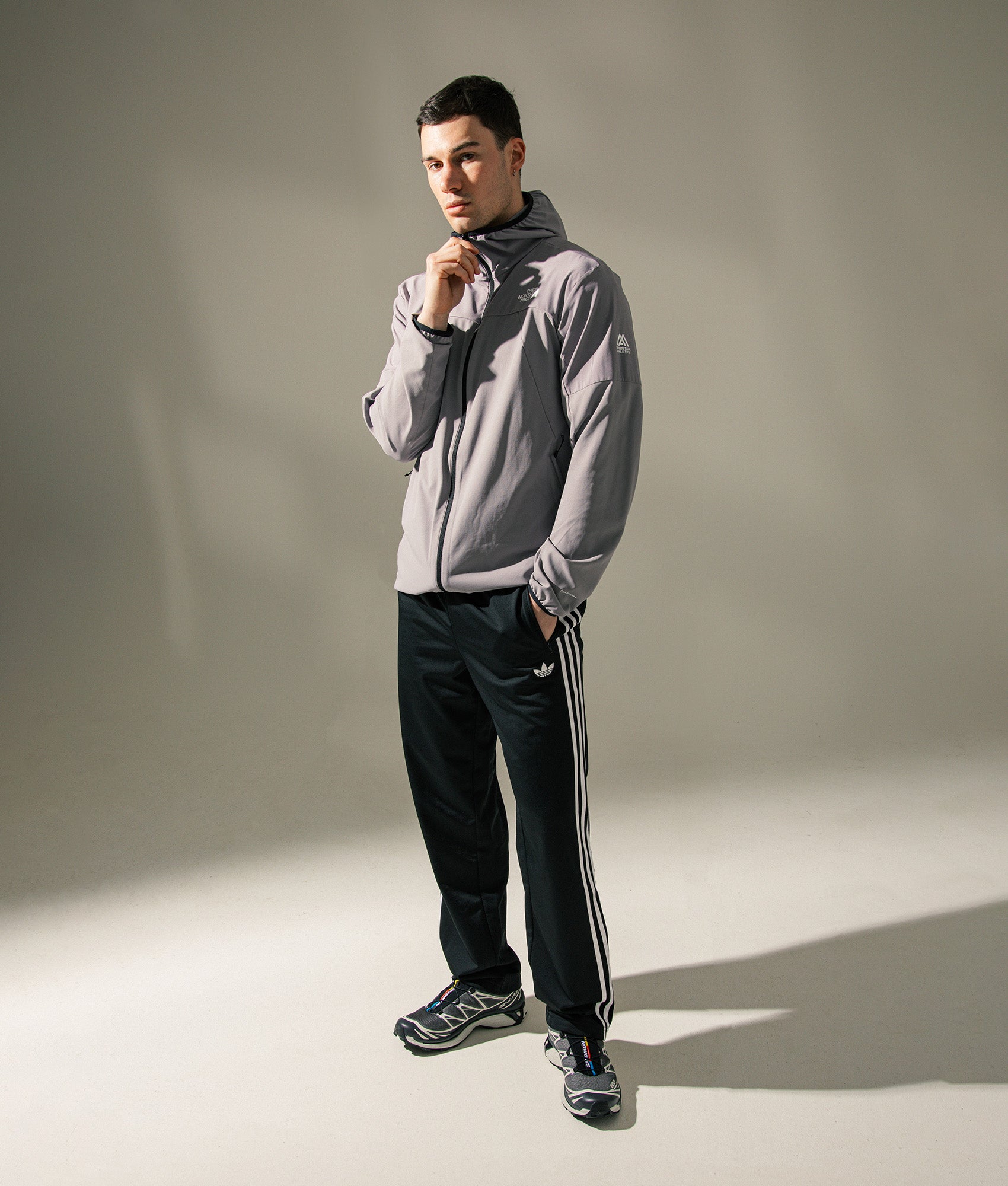 The North Face Ushba Hooded Jacket  in Transcendent Grey at EQVVS Menswear. Campaign shot.