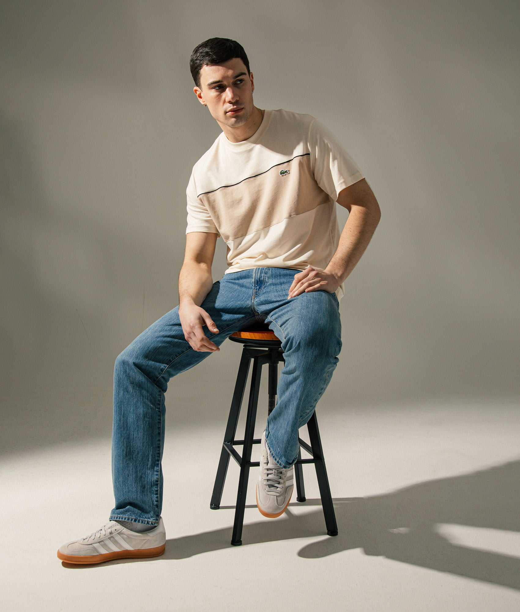 Lacoste Colour Block T-Shirt in Lapland and Lionne at EQVVS Menswear. Campaign shot.