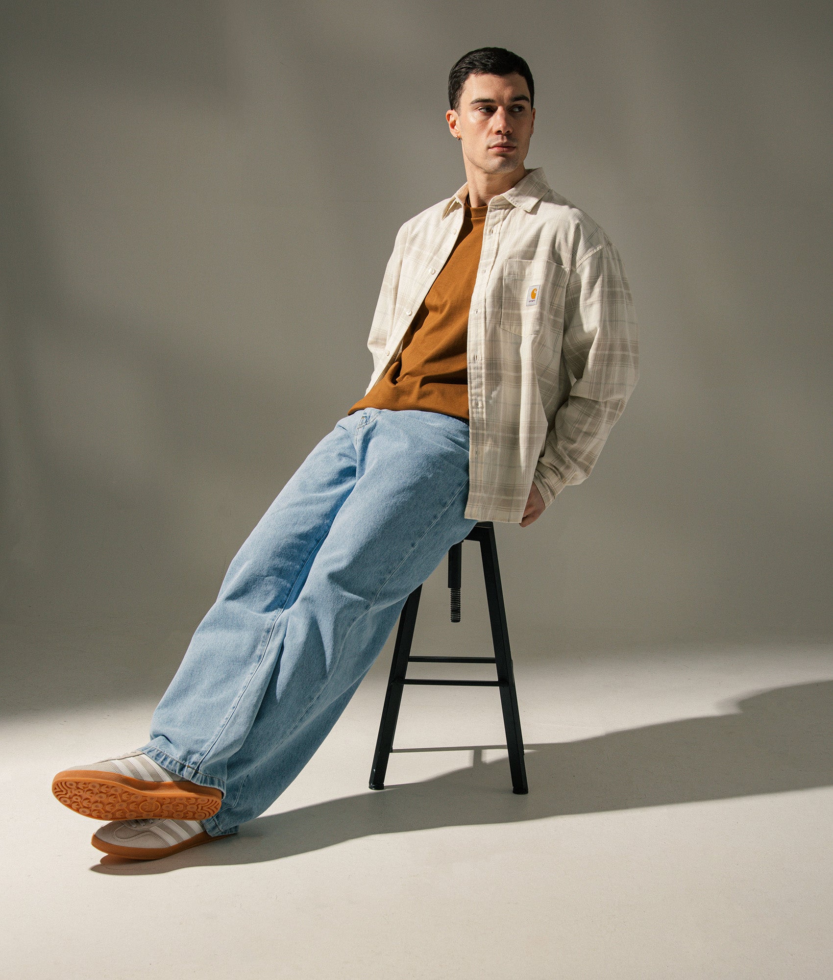 Carhartt WIP Wilber Shirt in Wilber Check/Natural at EQVVS Menswear. Campaign shot.