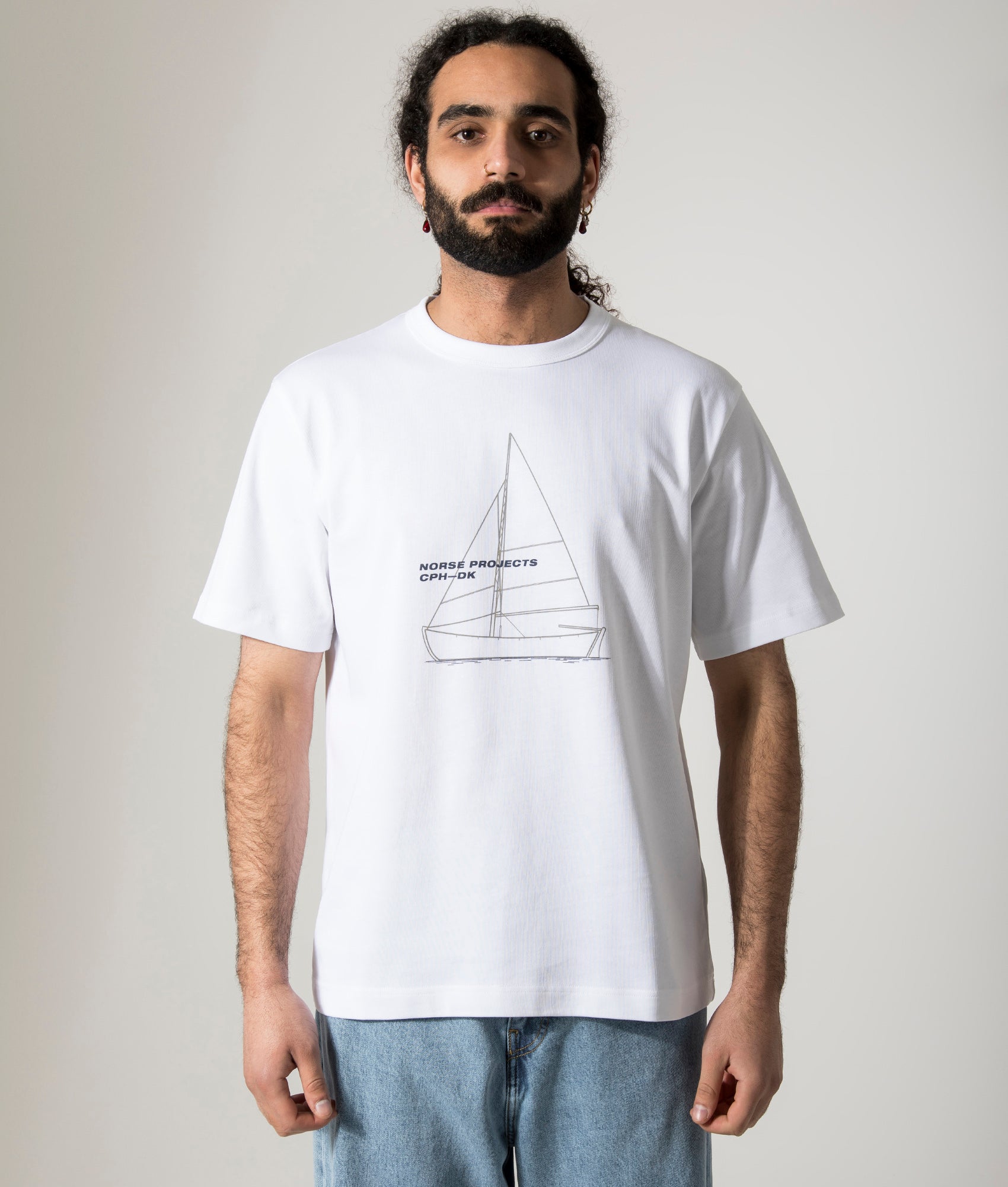 Norse Projects Holger Organic Boat Print T-Shirt in White. Shot at EQVVS.