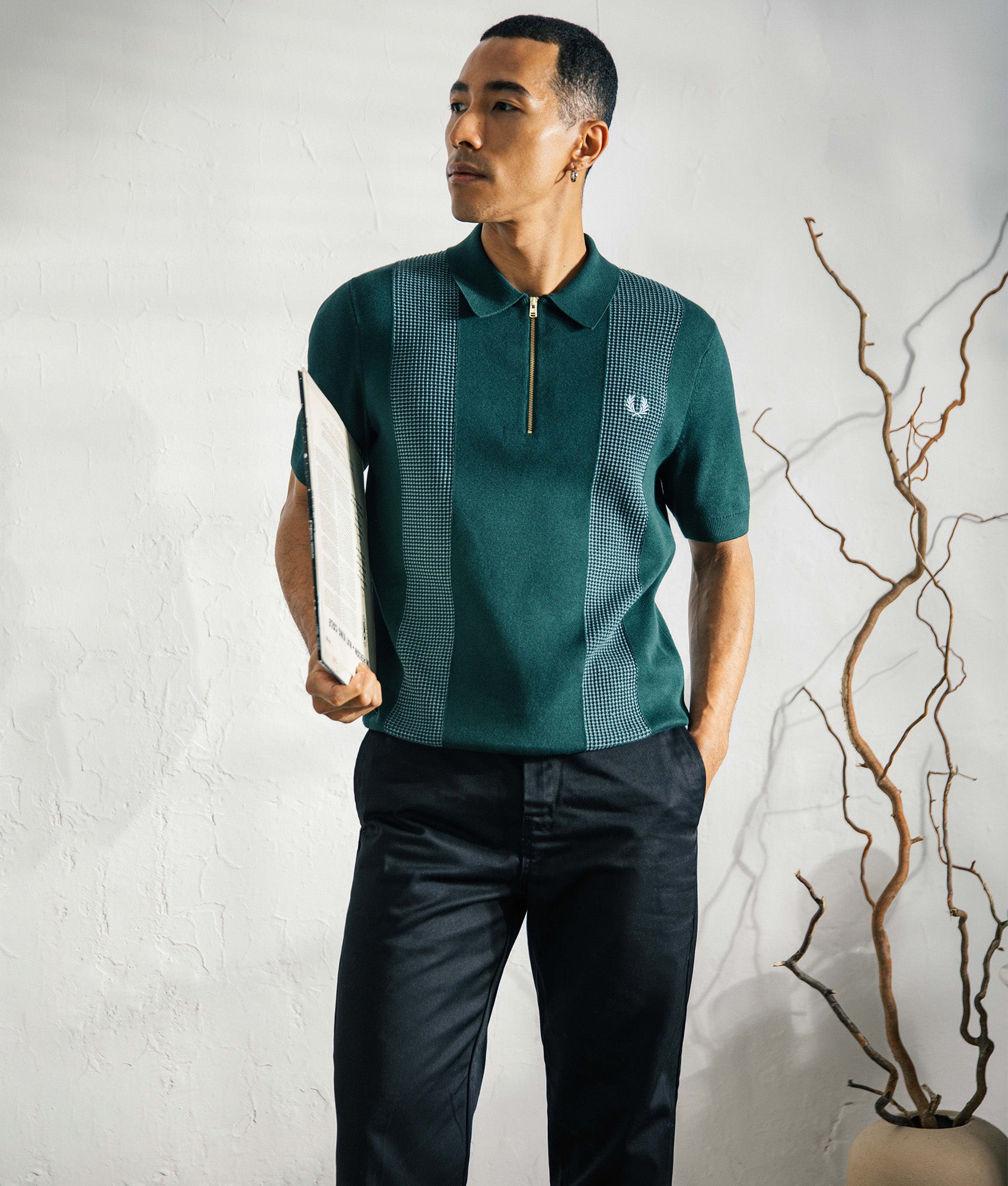 Panel Detail Knitted Polo Shirt in Grassroots | Fred Perry | EQVVS Menswear | Campaign shot.