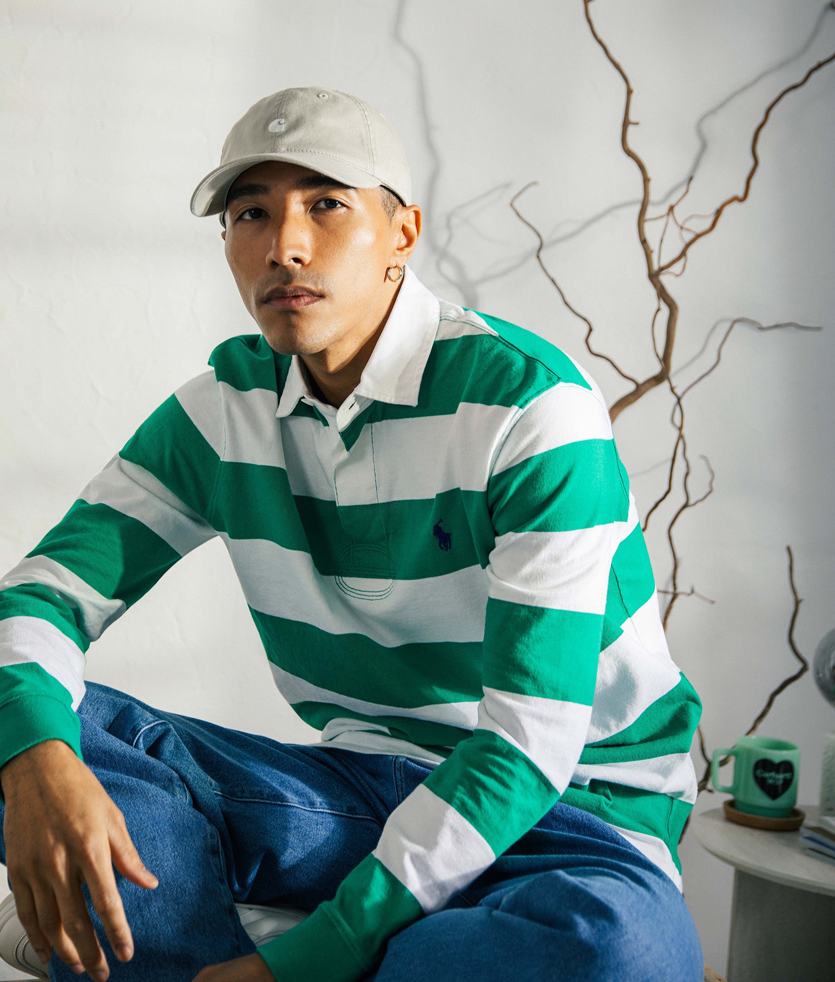 Polo Ralph Lauren Classic Fit Iconic Striped Rugby Shirt in Billiard and Classic Oxford White at EQVVS Menswear. Campaign shot.