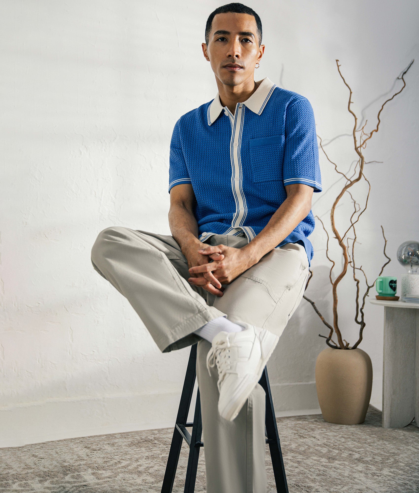 Wax London Belle Tipped Pointelle Short Sleeve Shirt in Blue and Ecru at EQVVS Menswear. Campaign shot.