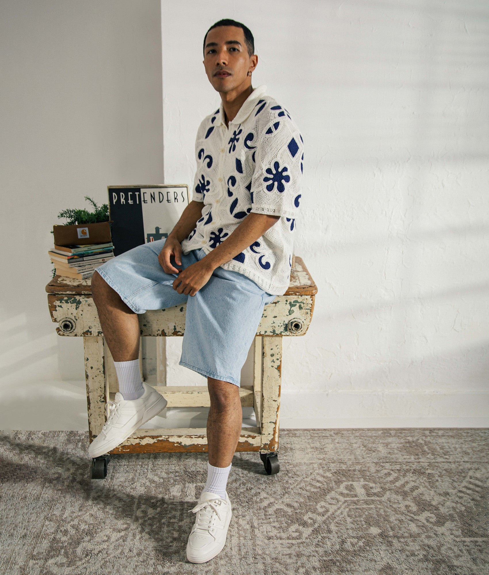 Wax London Porto Doodle Crochet Polo Shirt in Ecru/Dark Blue at EQVVS Menswear. Campaign shot.