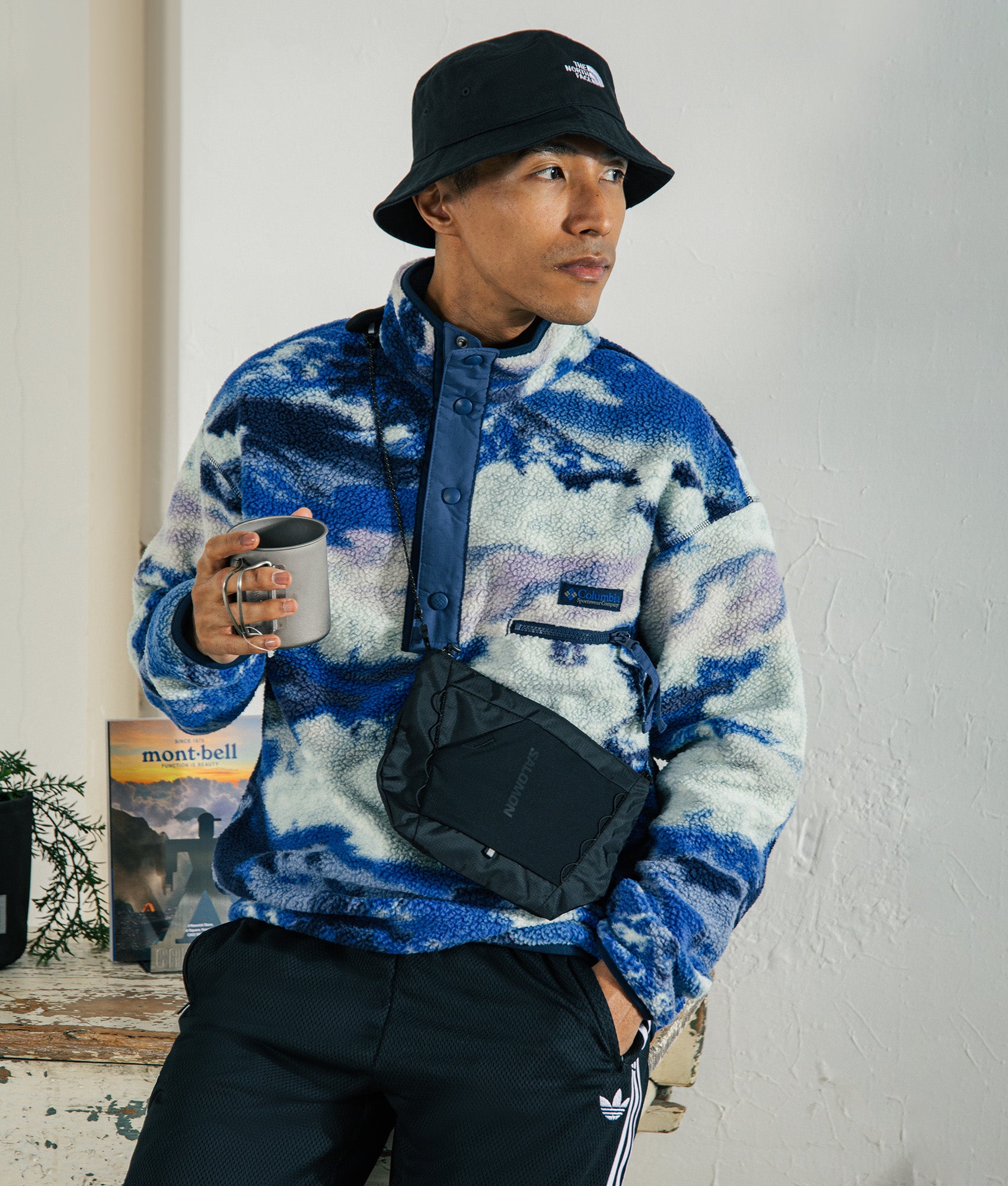Columbia Helvetia II Printed Half Snap Fleece in Collegiate Navy and Dreaming at EQVVS Menswear. Campaign shot.