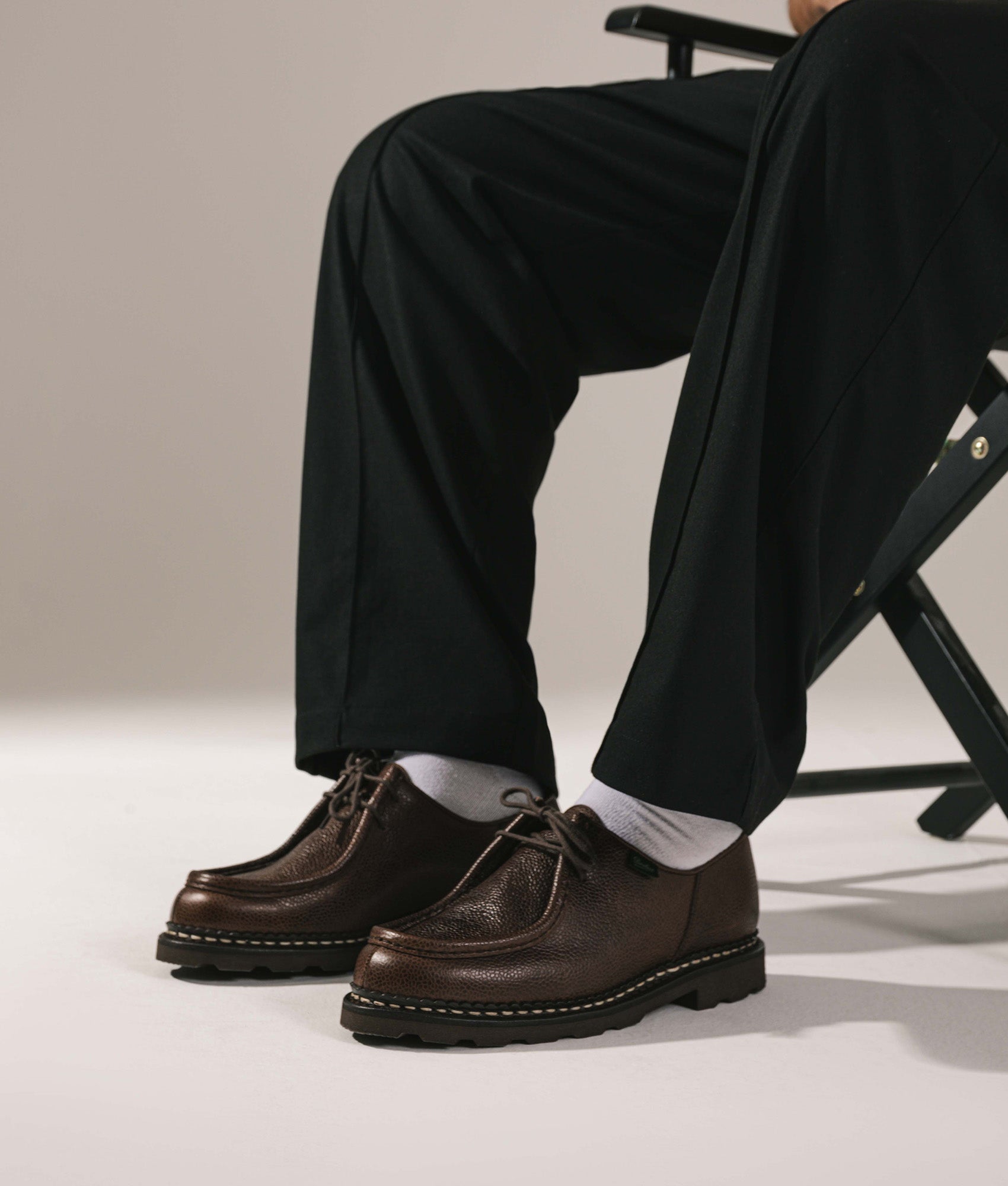 Paraboot Michael Grained Leather Shoes in Ebony at EQVVS Menswear. On foot shot.