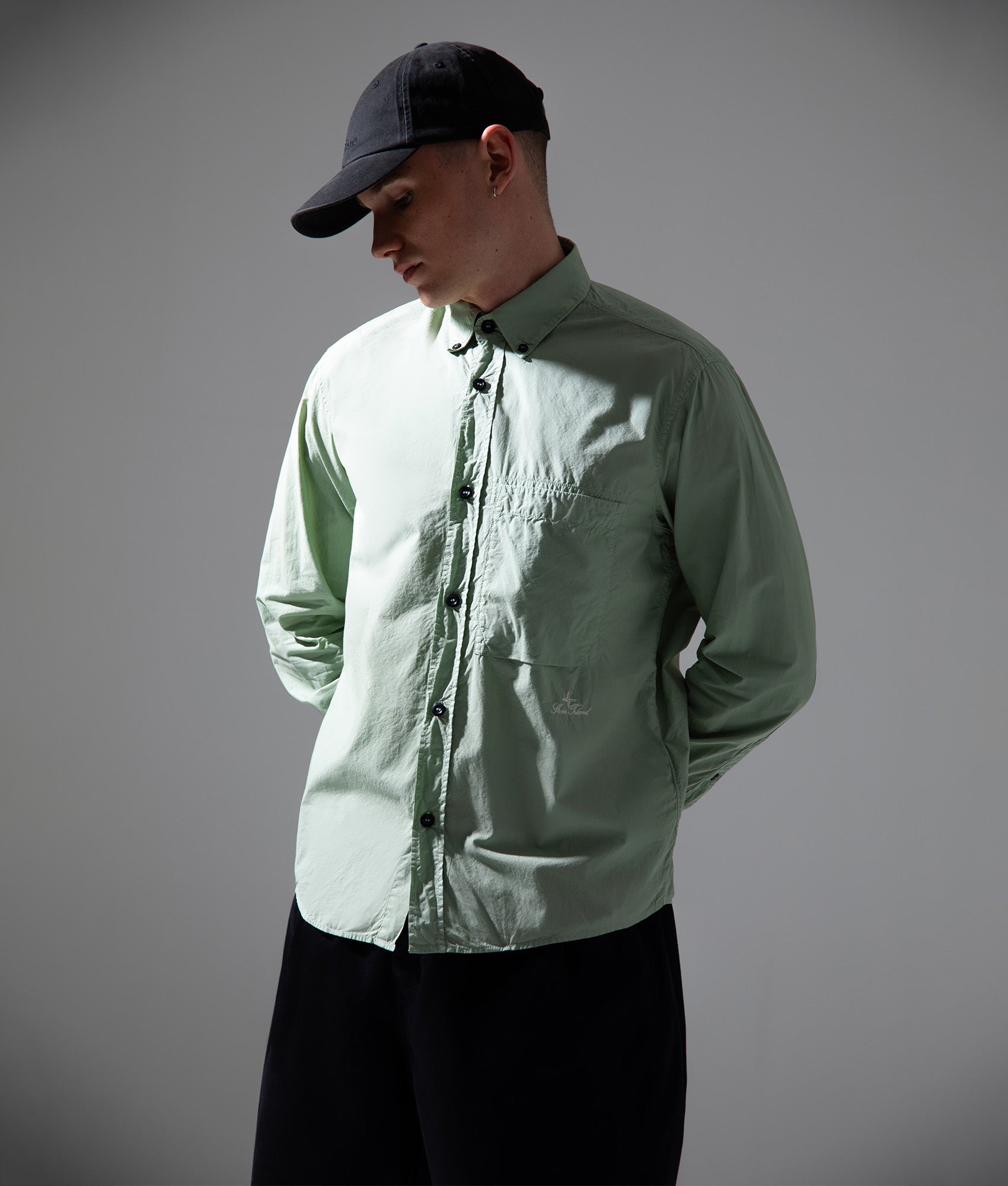 Stone Island Organic Cotton Tela 'Paracadute' Overshirt in Sage at EQVVS Menswear. Campaign Shot.