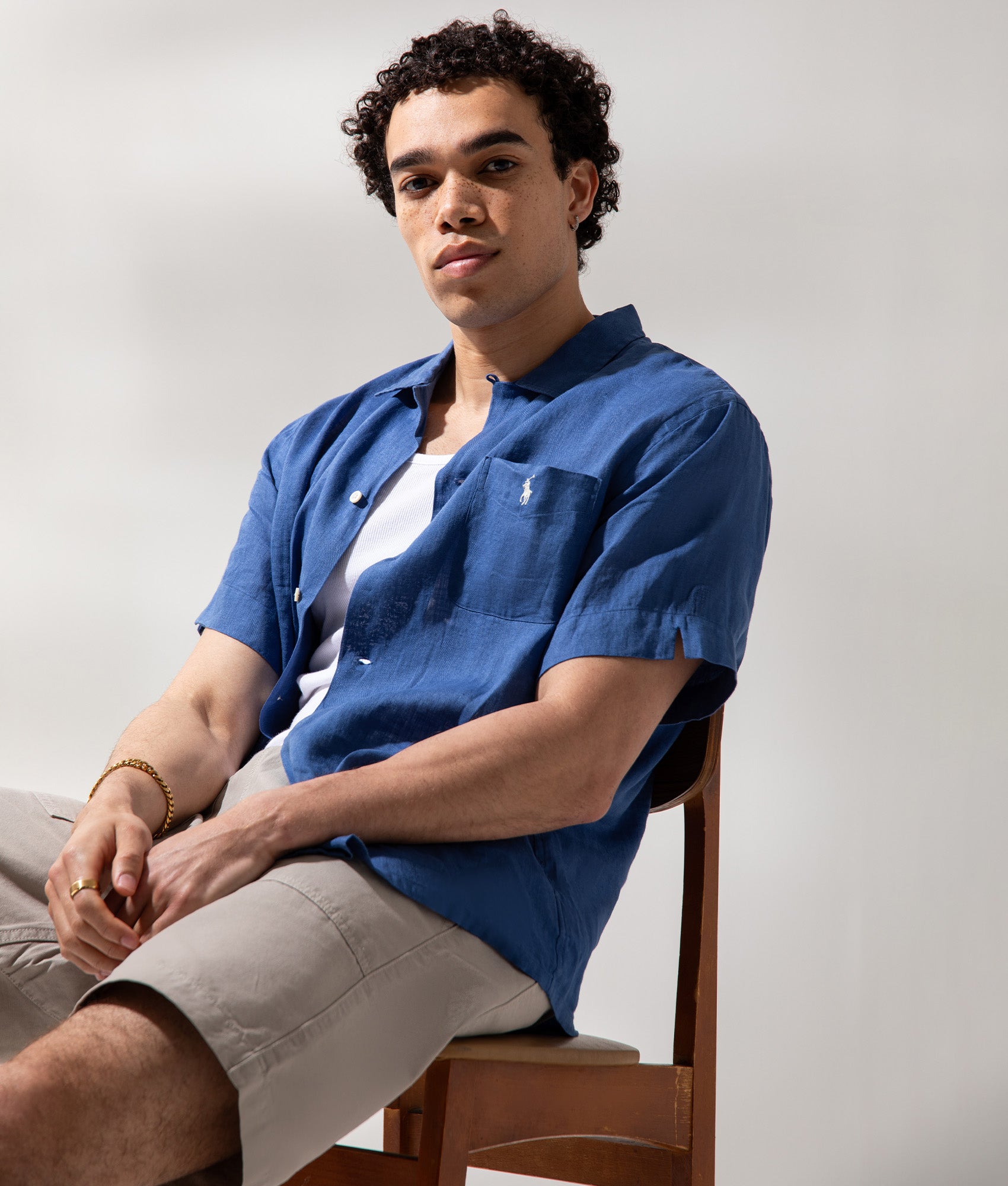 Polo Ralph Lauren Classic Fit Short Sleeve Linen Camp Shirt in Dusty Azure at EQVVS Menswear. Campaign shot.