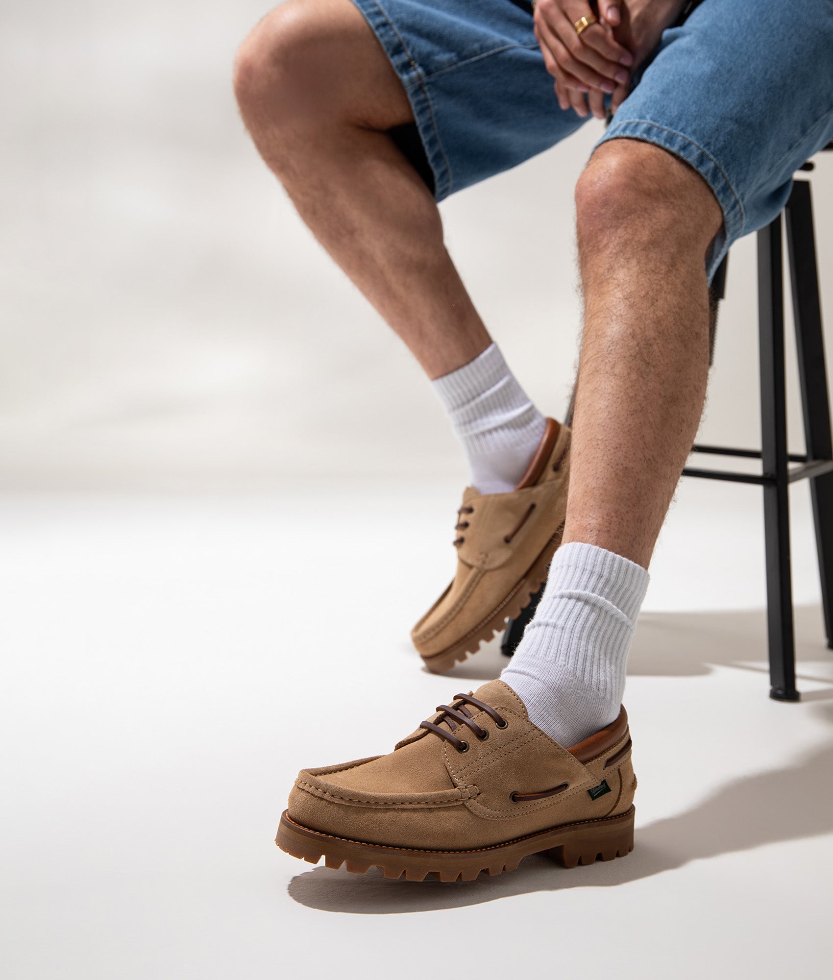Paraboot Briac Suede Leather Shoes in Beige at EQVVS Menswear. Footwear model.