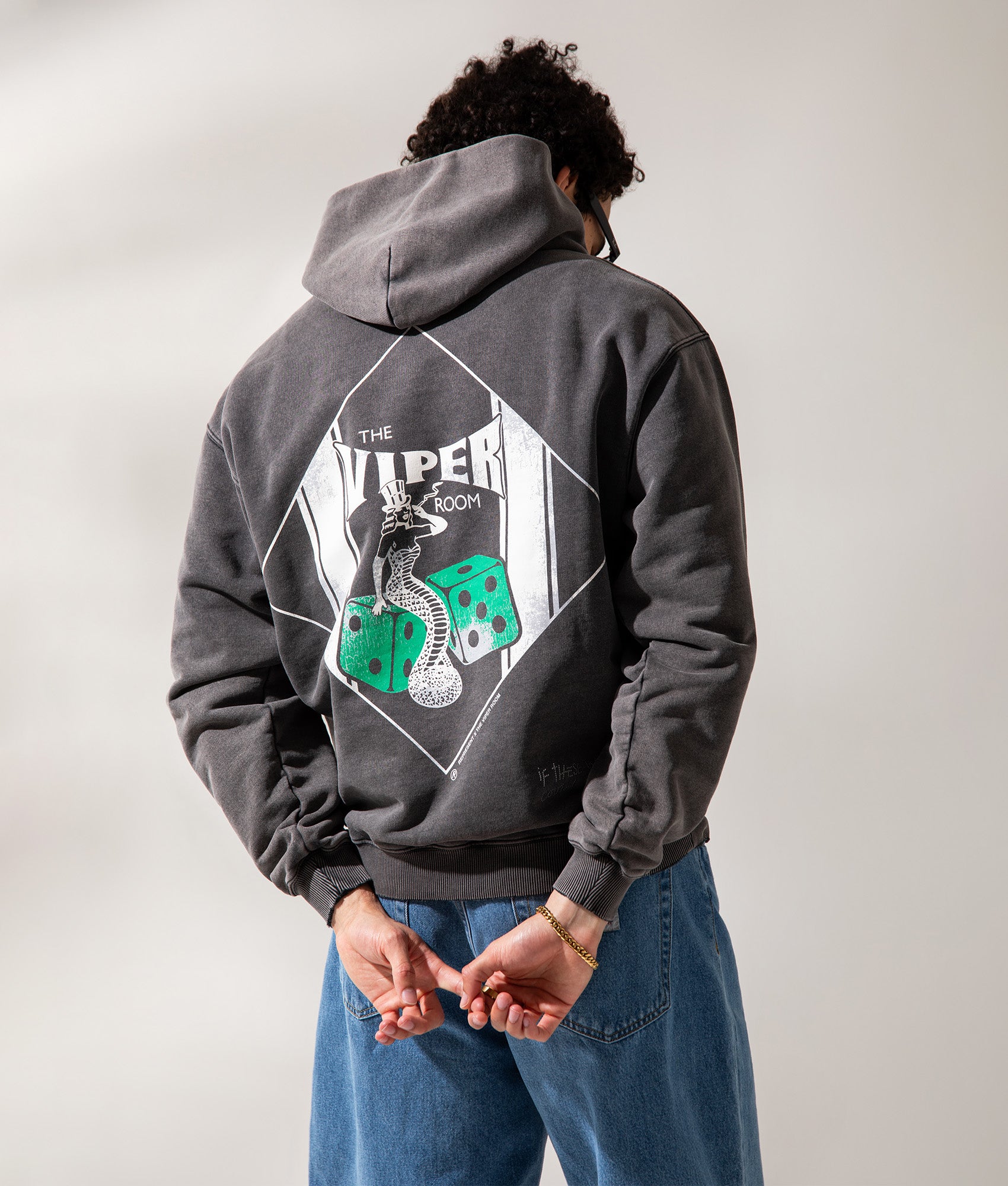 REPRESENT The Viper Room Dice Hoodie in Vintage Grey at EQVVS Menswear. Campaign shot.