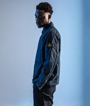 Canvas Weave Overshirt in Navy Blue . 100% Cotton | Stone Island | Shot at EQVVS | Campaign shot 