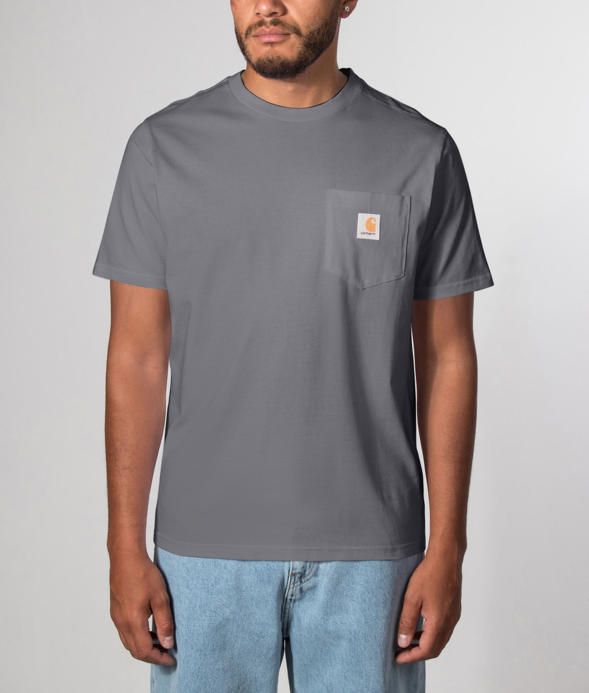 Carhartt WIP staple, the Regular Fit Pocket T-Shirt in Styx at EQVVS Menswear. Front model shot.