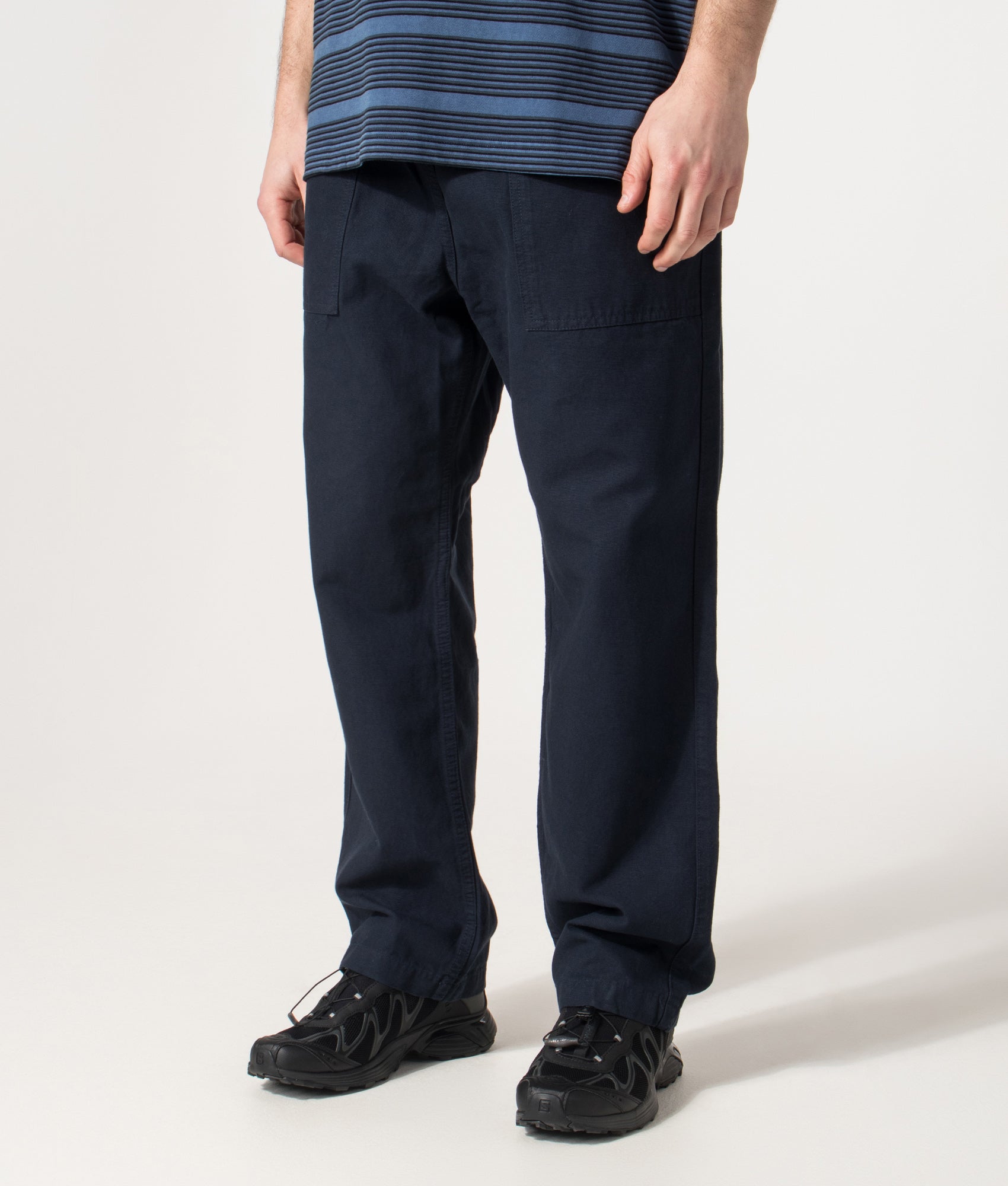 Service Works Regular Fit Classic Chef Pants in Dark Navy at EQVVS Menswear. Angled model front shot.