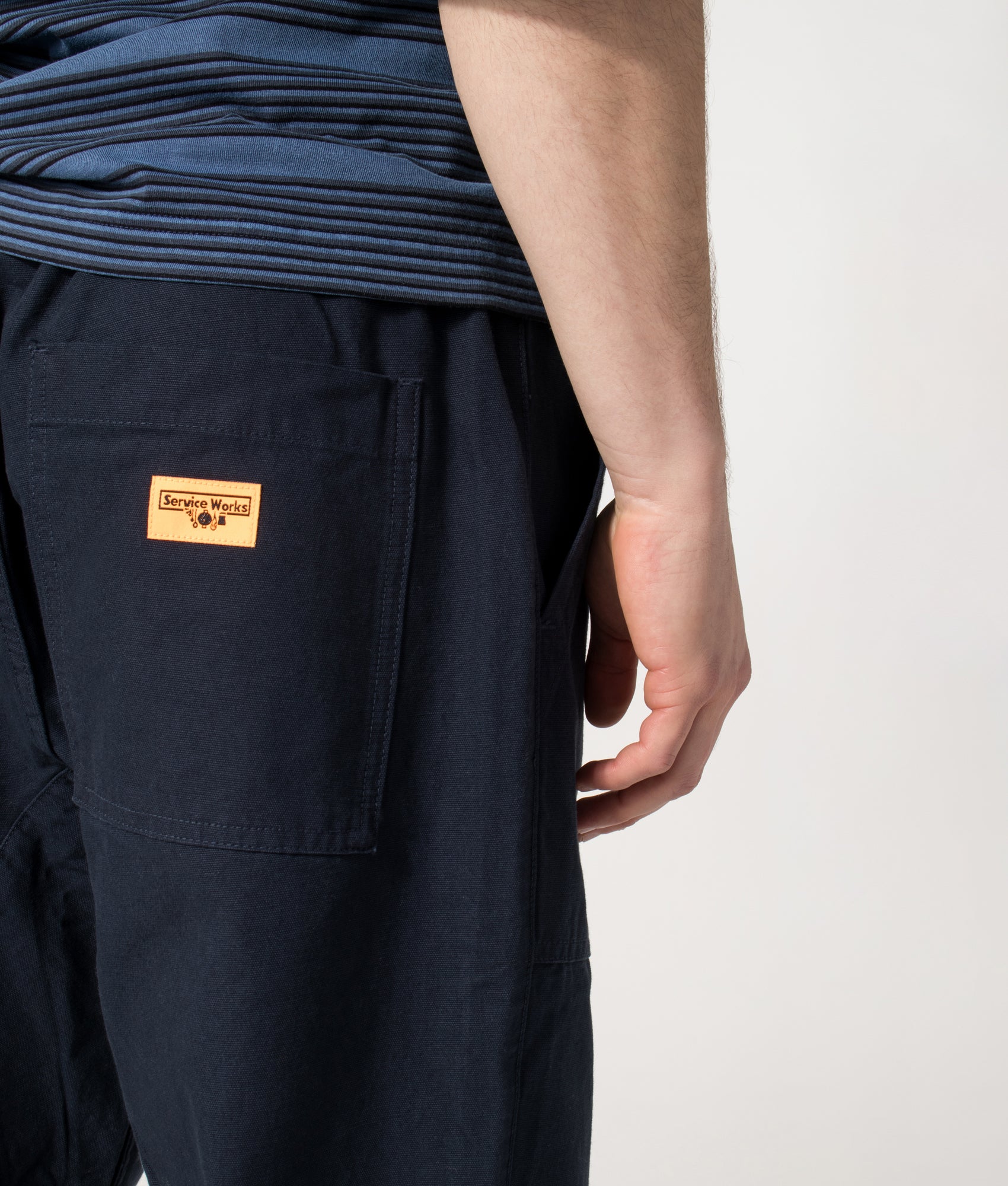 Service Works Regular Fit Classic Chef Pants in Dark Navy at EQVVS Menswear. Detail shot.