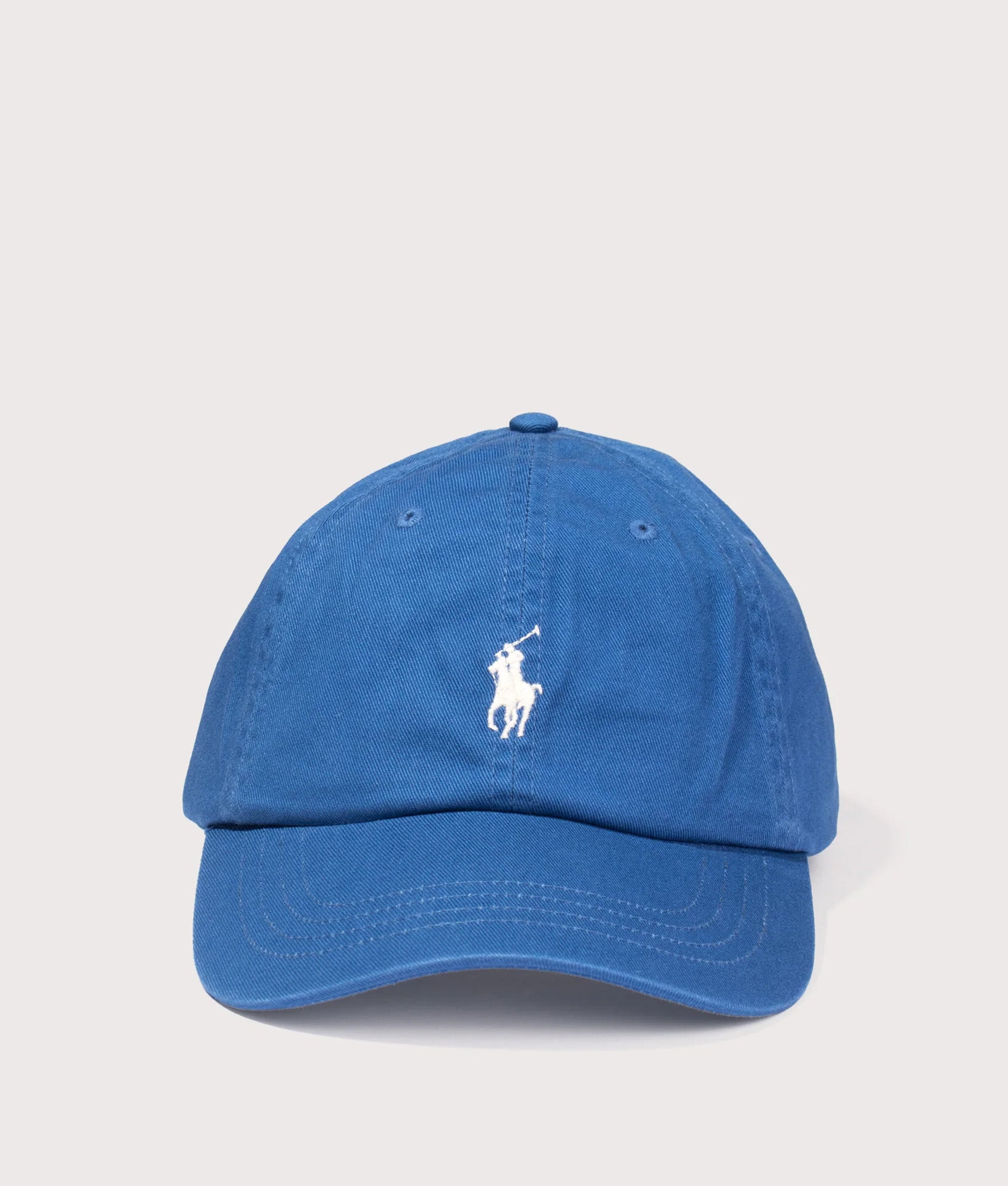 Polo Ralph Lauren Iconic Cotton Chino Ball Cap in Dusty Azure and Cream Polo Pony at EQVVS Menswear. Front shot.