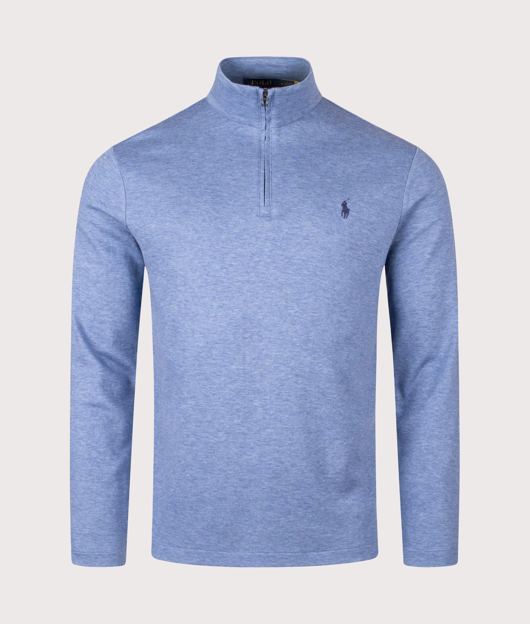 Polo Ralph Lauren Jacquard Quarter Zip Sweatshirt in Lattice Blue Heather at EQVVS Menswear. Front shot.