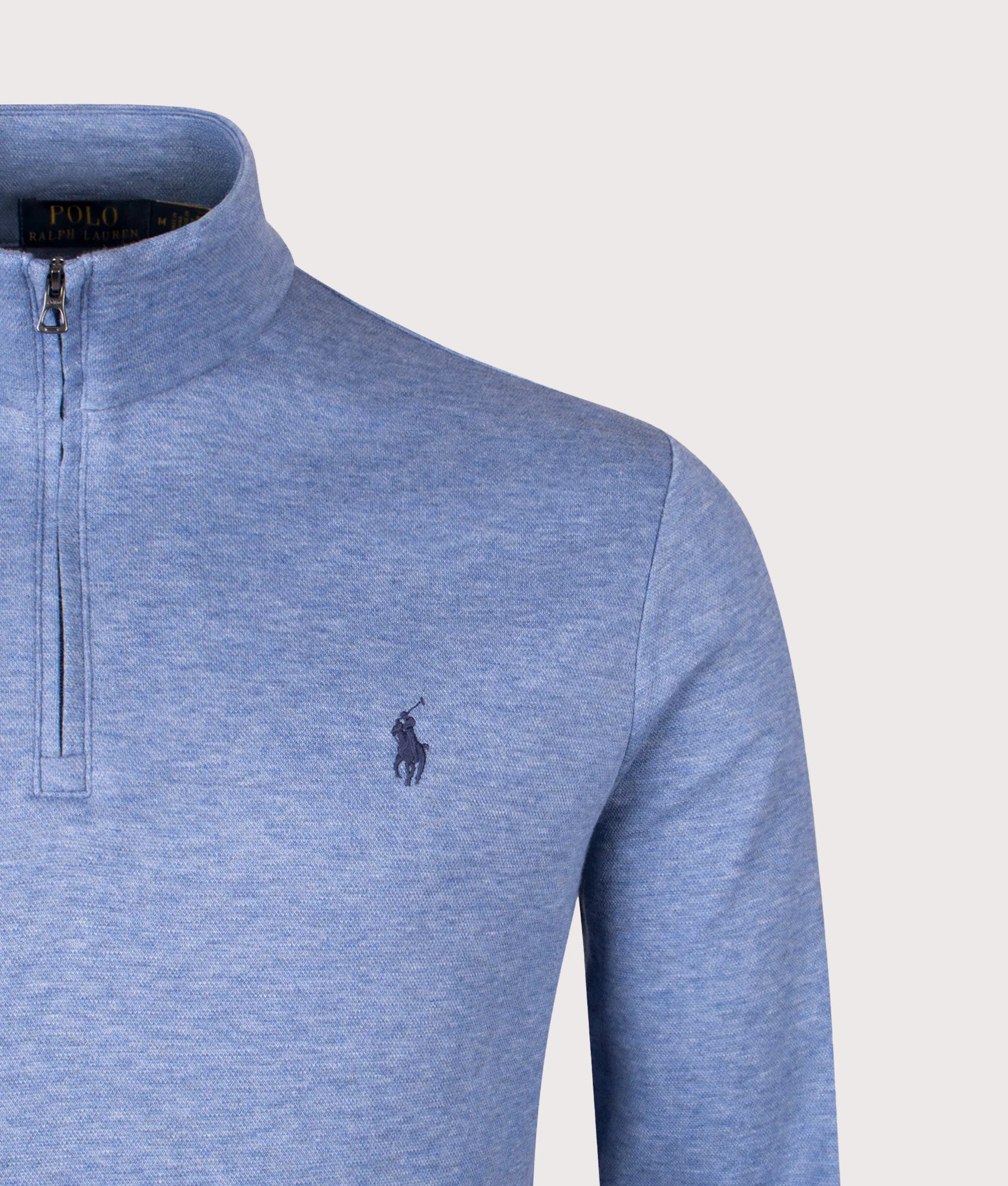 Polo Ralph Lauren Jacquard Quarter Zip Sweatshirt in Lattice Blue Heather at EQVVS Menswear. Detail shot.