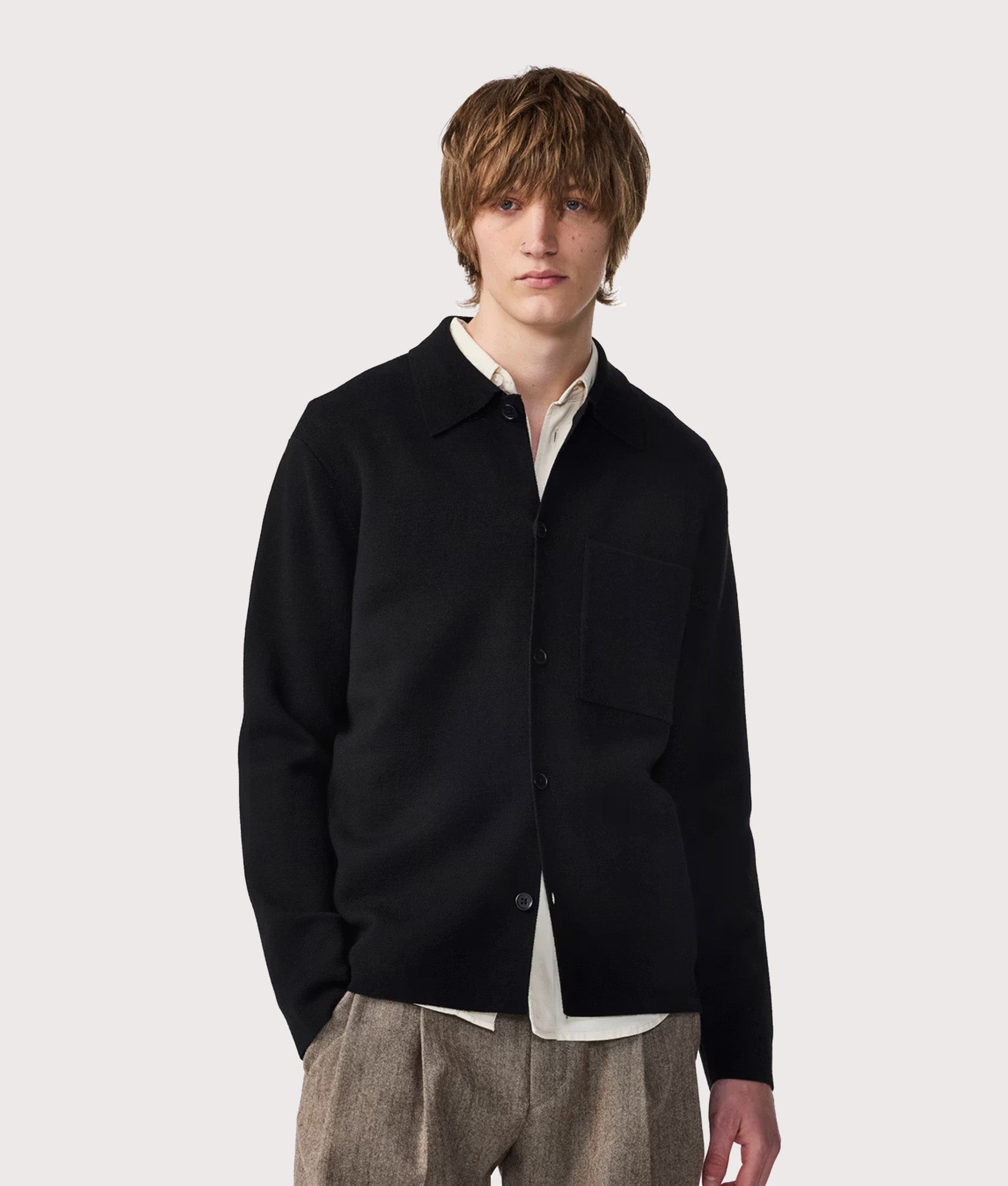 NN.07 Jonas Wool Overshirt in Black at EQVVS Menswear. Model front shot.