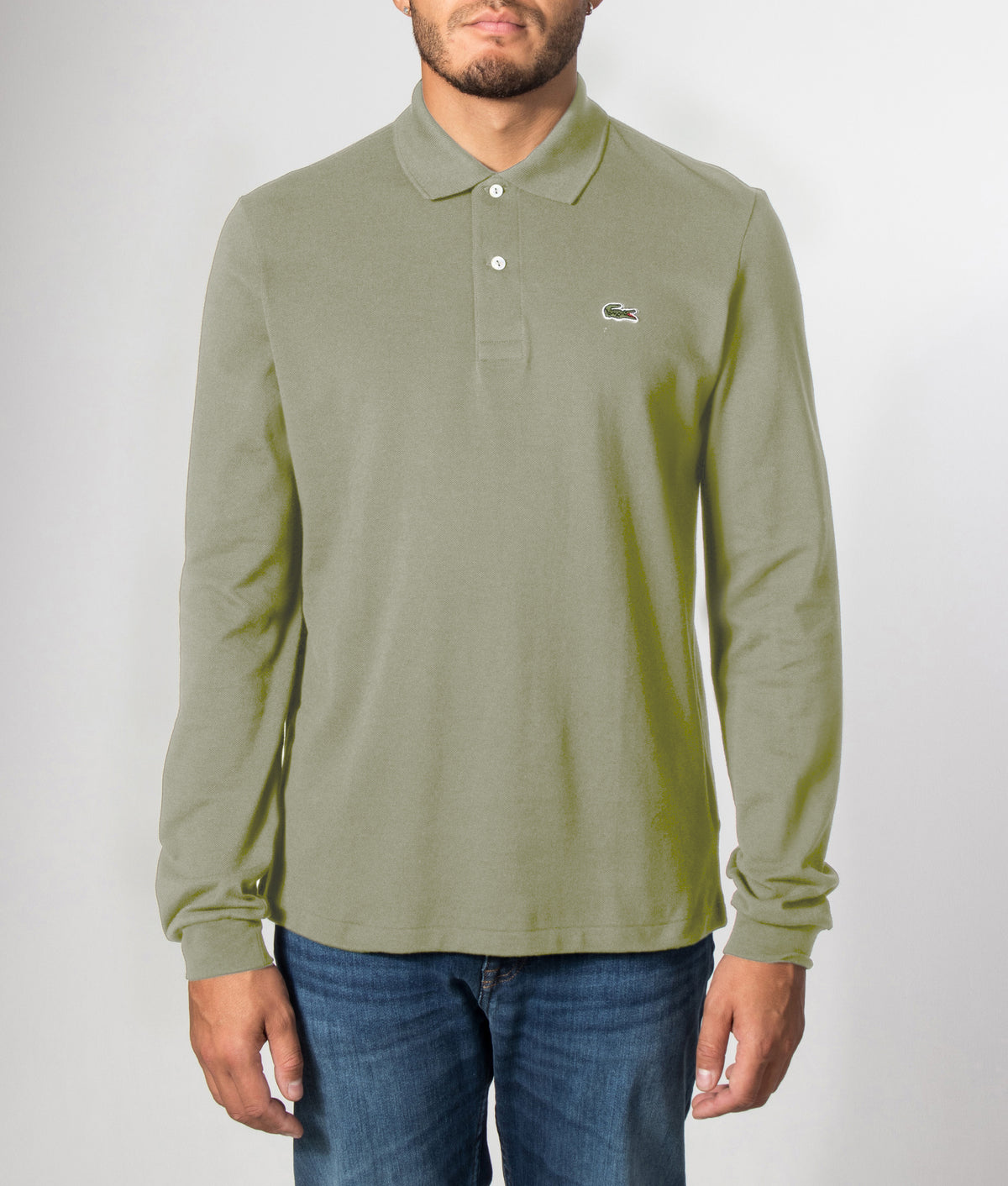 Long Sleeve Croc Logo Polo Shirt in Khaki by Lacoste. EQVVS Front model shot.