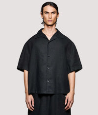 Box Fit Linen Short Sleeve Vacation Shirt: Black 