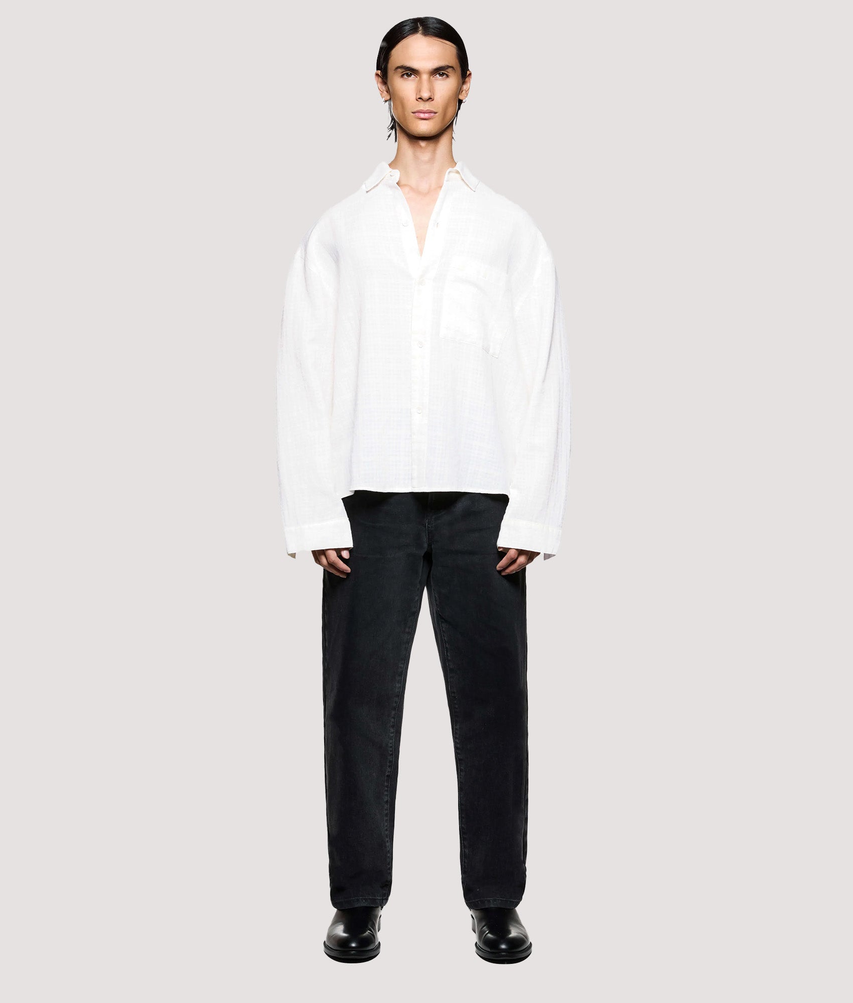 MKI MIYUKI ZOKU Box Fit Loose Weave Check Dress Shirt in Bone at EQVVS Menswear. Model full front shot.