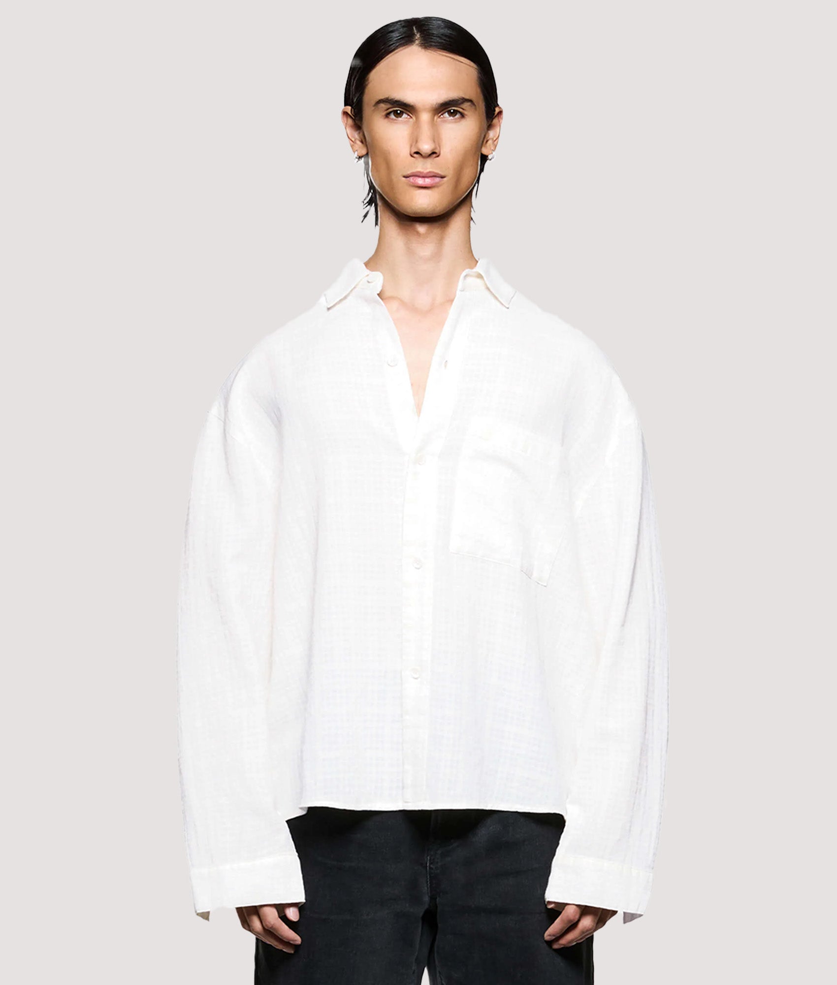 MKI MIYUKI ZOKU Box Fit Loose Weave Check Dress Shirt in Bone at EQVVS Menswear. Model front shot.