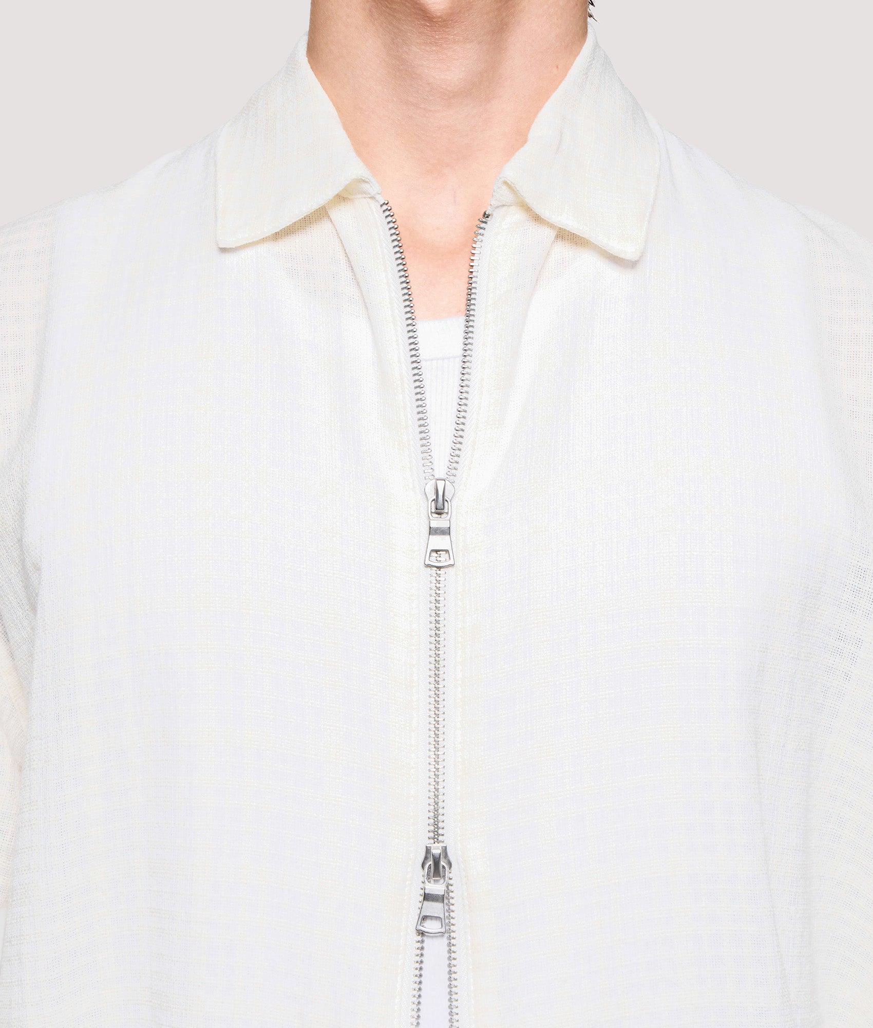 MKI MIYUKI ZOKU Box Fit Loose Weave Check Rider in Bone at EQVVS Menswear. Second detail shot.