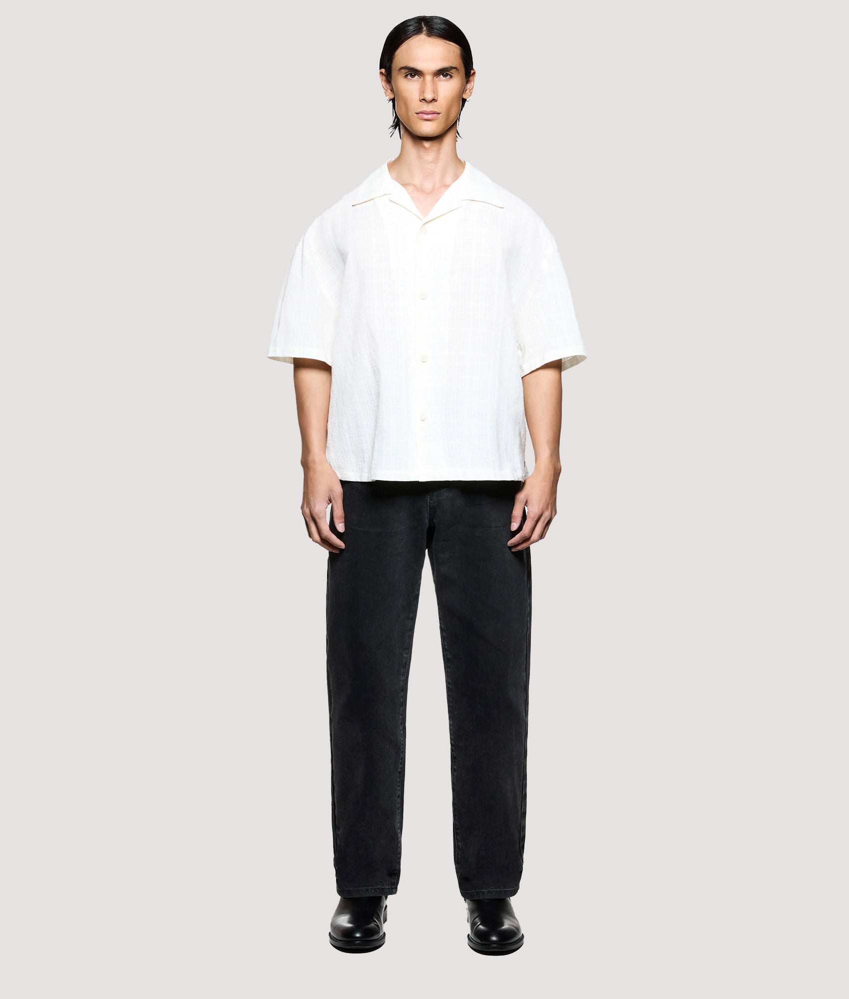 MKI MIYUKI ZOKU Box Fit Loose Weave Check Short Sleeve Vacation Shirt in Bone at EQVVS Menswear. Model full front shot.