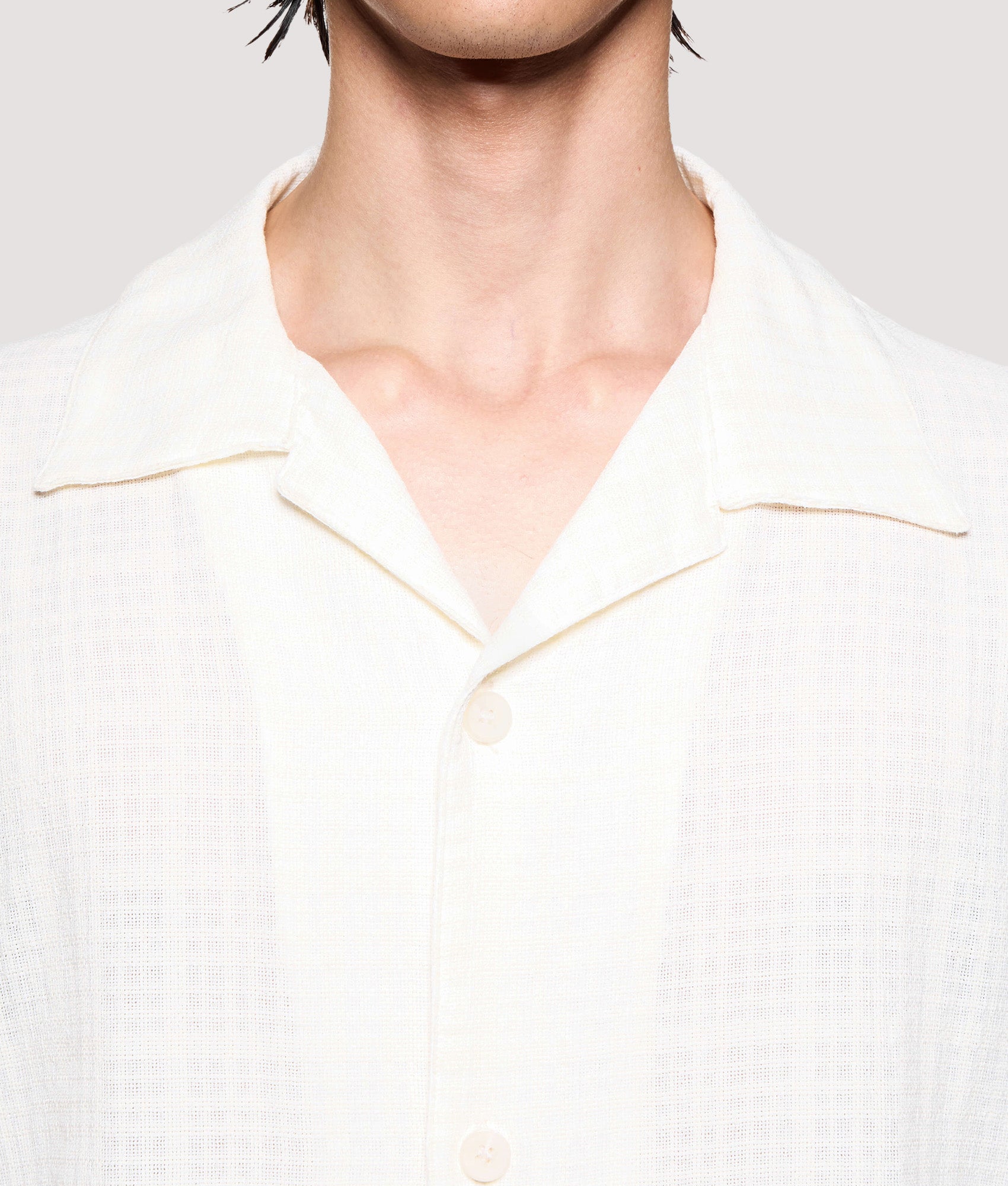 MKI MIYUKI ZOKU Box Fit Loose Weave Check Short Sleeve Vacation Shirt in Bone at EQVVS Menswear. Second detail shot.