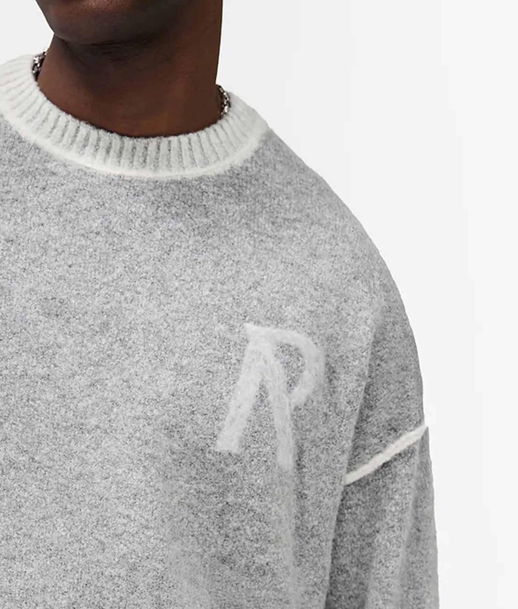 Represent Laurel Alpaca Knitted Jumper  in Sun Fade Grey at EQVVS Menswear. Detail shot.