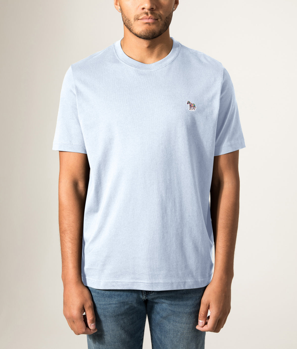 PS Paul Smith Zebra Logo T-Shirt in Pale Blue at EQVVS Menswear. Front model shot.
