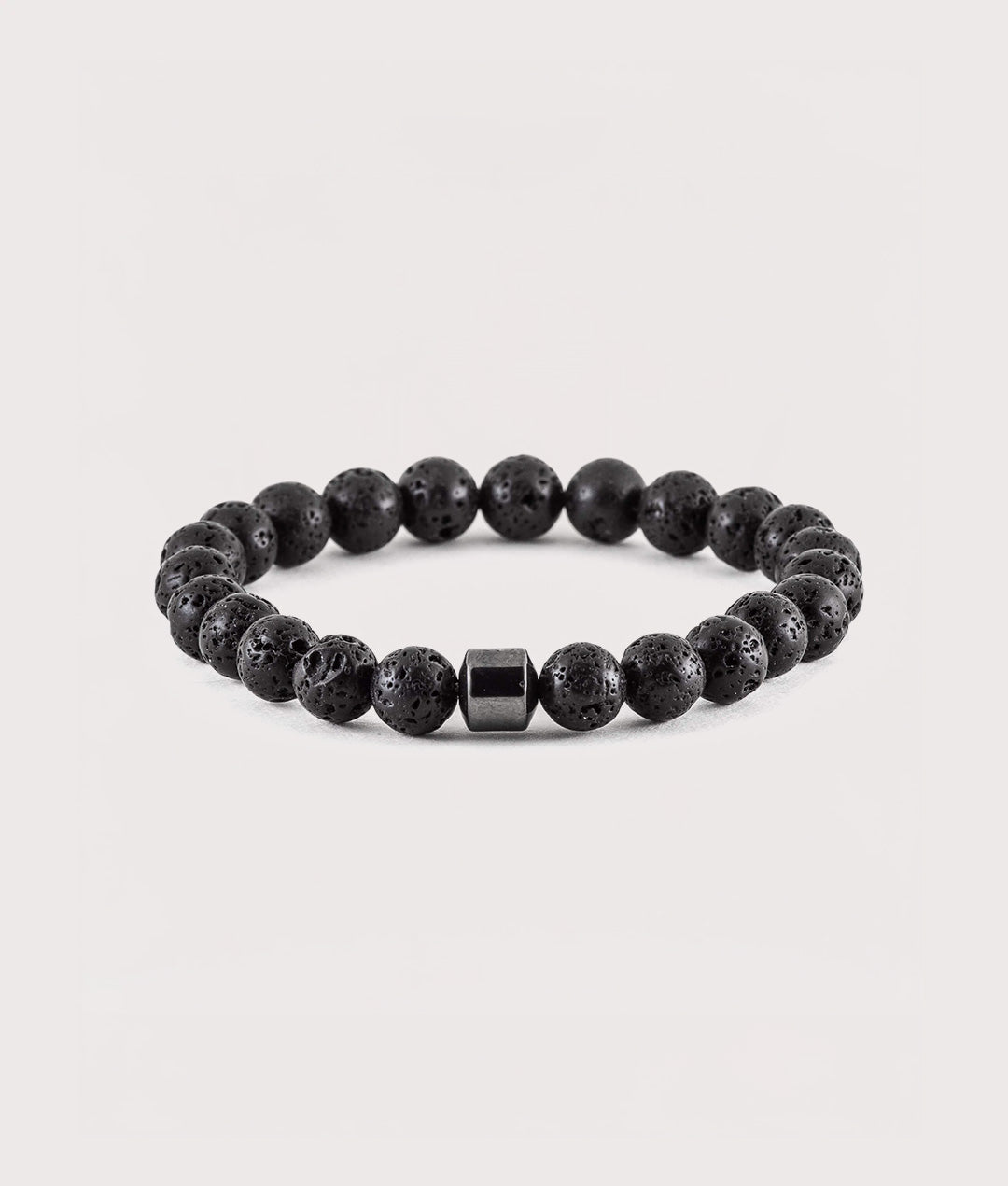 Mysterious Jeweller, Lava Stone Beaded Stretch Bracelet, Eqvvs Menswear, front shot angle