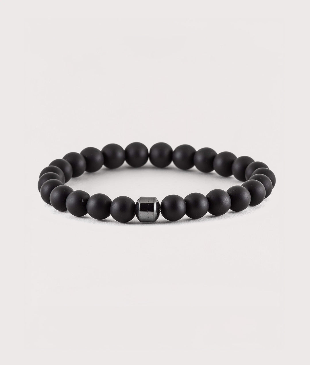 Mysterious Jeweller, Onyx Beaded Stretch Bracelet, Eqvvs Menswear, front shot angle
