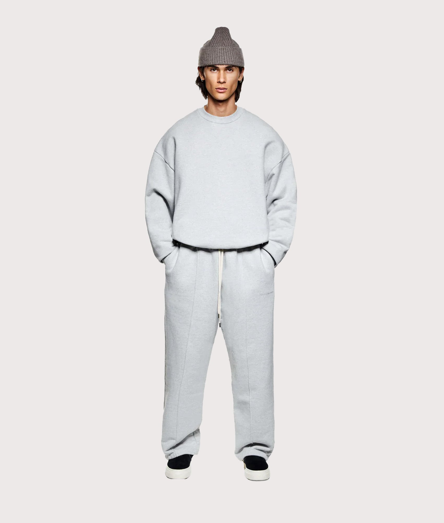 Oversized 800 GSM Superweight Sweatshirt in Grey by MKI MIYUKI ZOKU at EQVVS. Model full front shot.