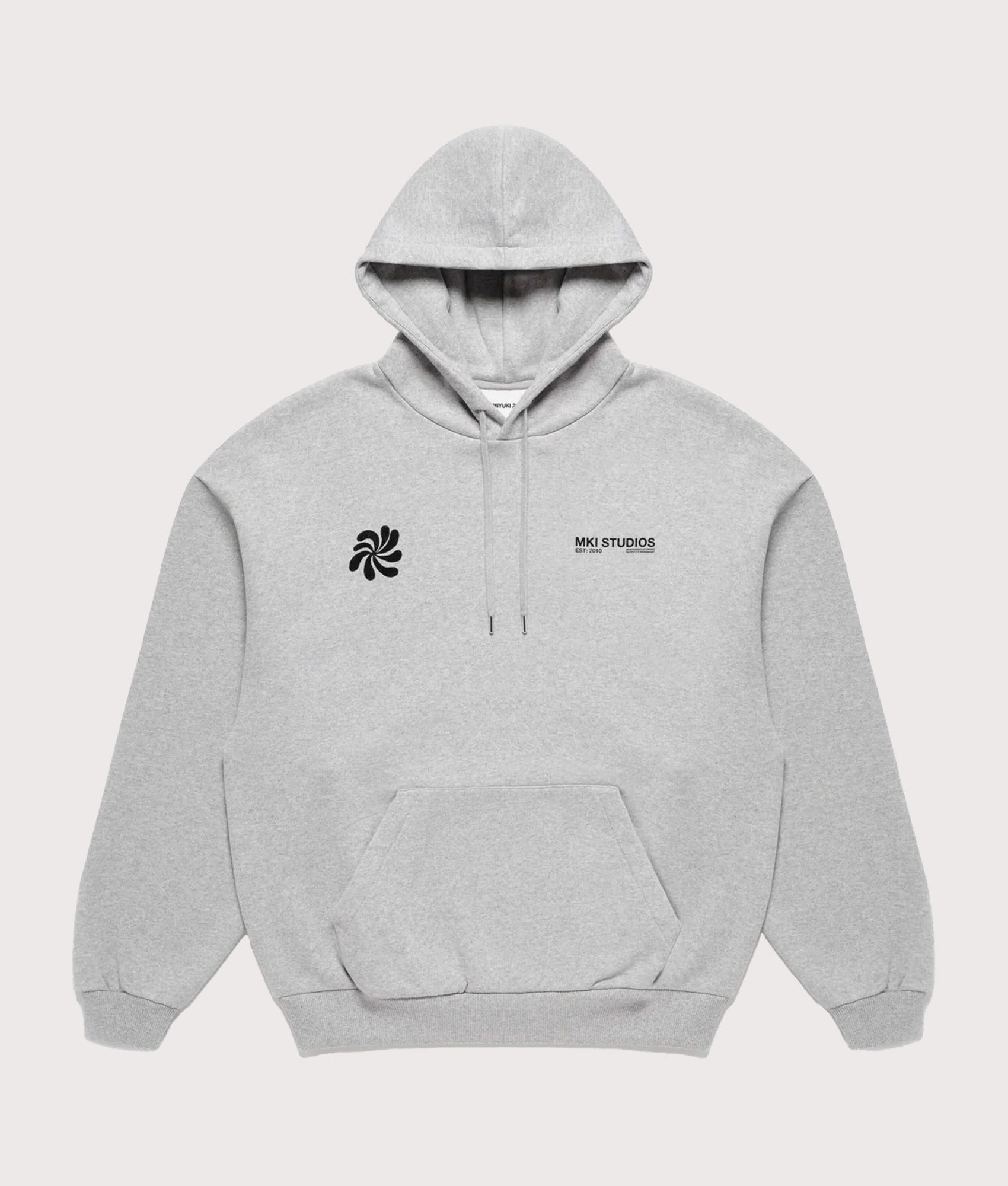 MKI MIYUKI ZOKU Oversized Abstract Hoodie in Grey at EQVVS Menswear. Front shot.