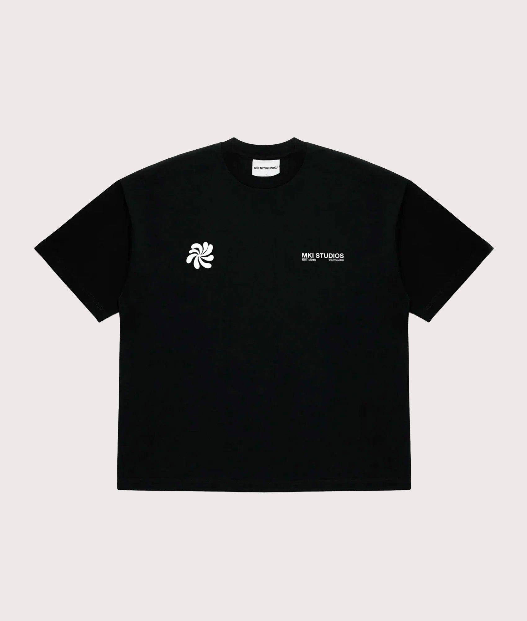 MKI MIYUKI ZOKU Oversized Abstract T-Shirt in Black at EQVVS Menswear. Front shot.