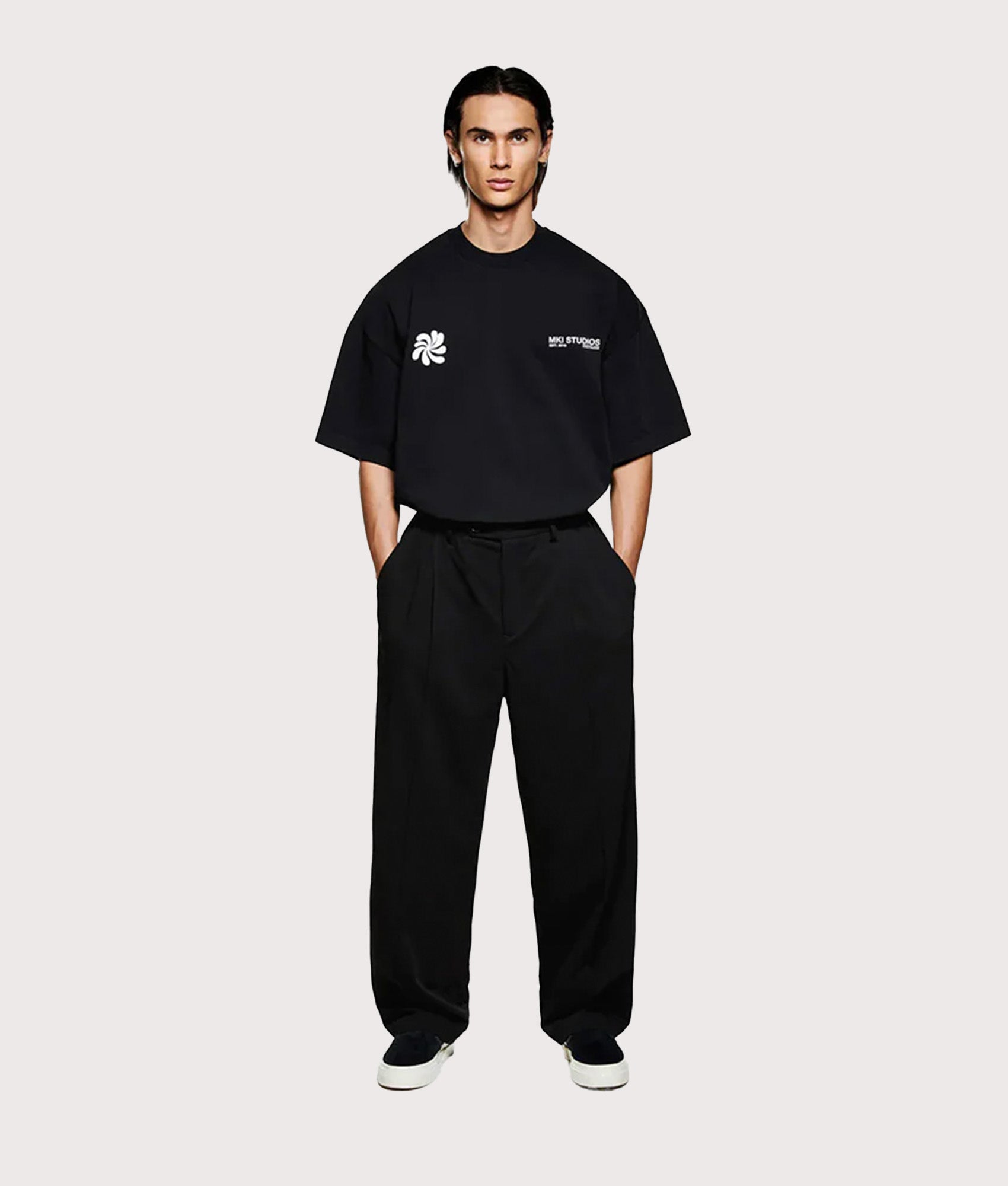 MKI MIYUKI ZOKU Oversized Abstract T-Shirt in Black at EQVVS Menswear. Full front shot.