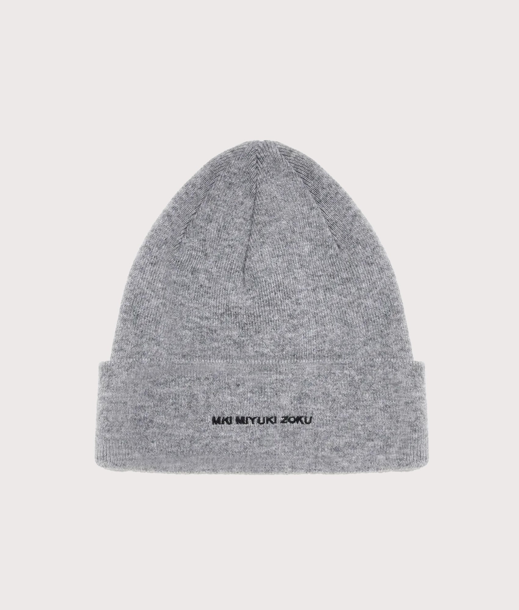 MKI MIYUKI ZOKU Embroidered Merino Beanie in Grey at EQVVS Menswear. Front shot.