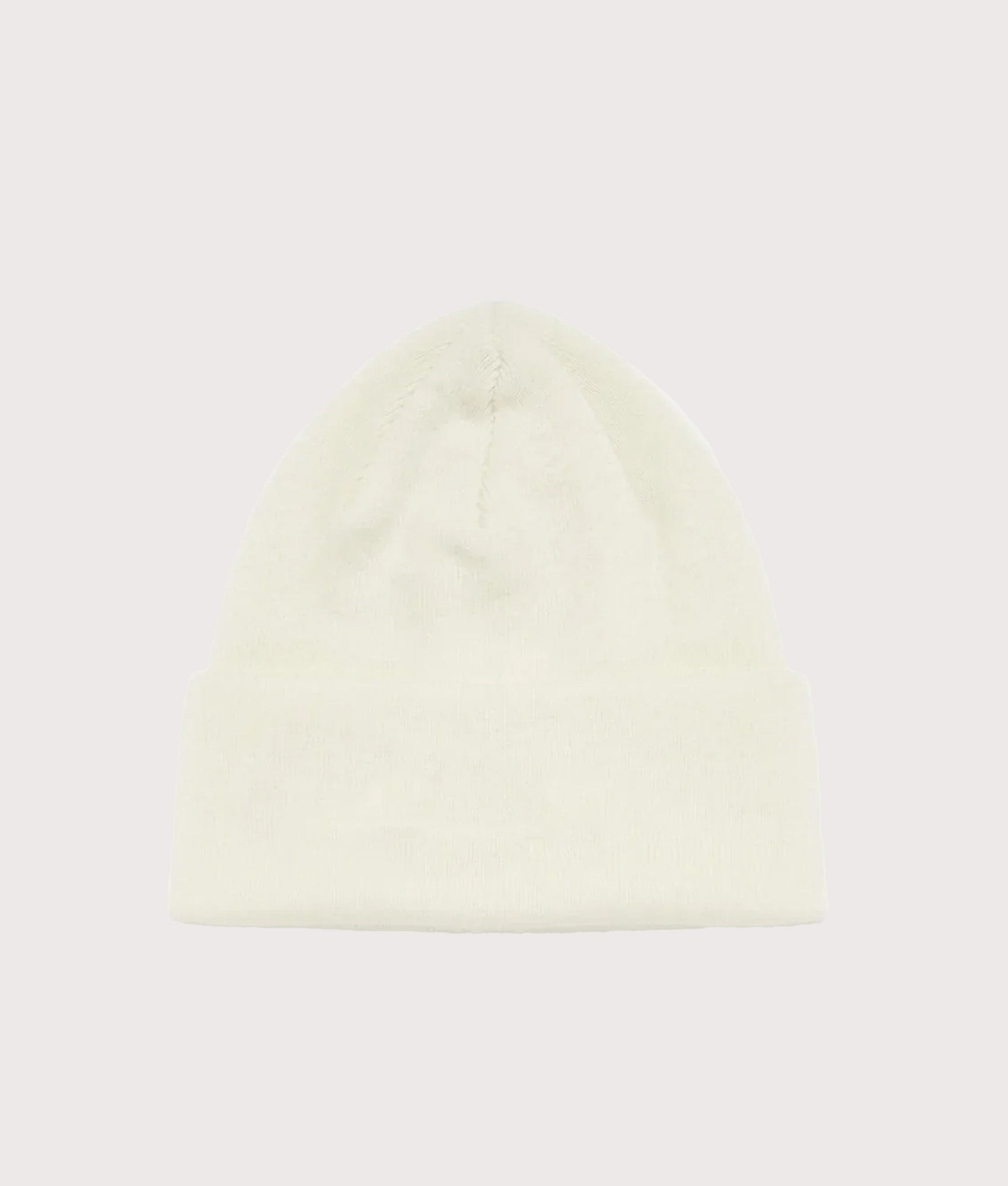 MKI MIYUKI ZOKU Embroidered Merino Beanie in Off White at EQVVS Menswear. Back shot.