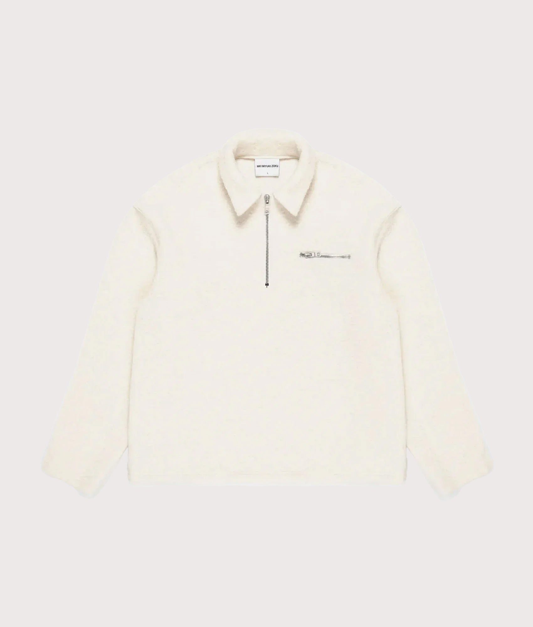MKI MIYUKI ZOKU Oversized Fit Boucle Quarter Zip Overshirt in Off White at EQVVS Menswear. Front shot.