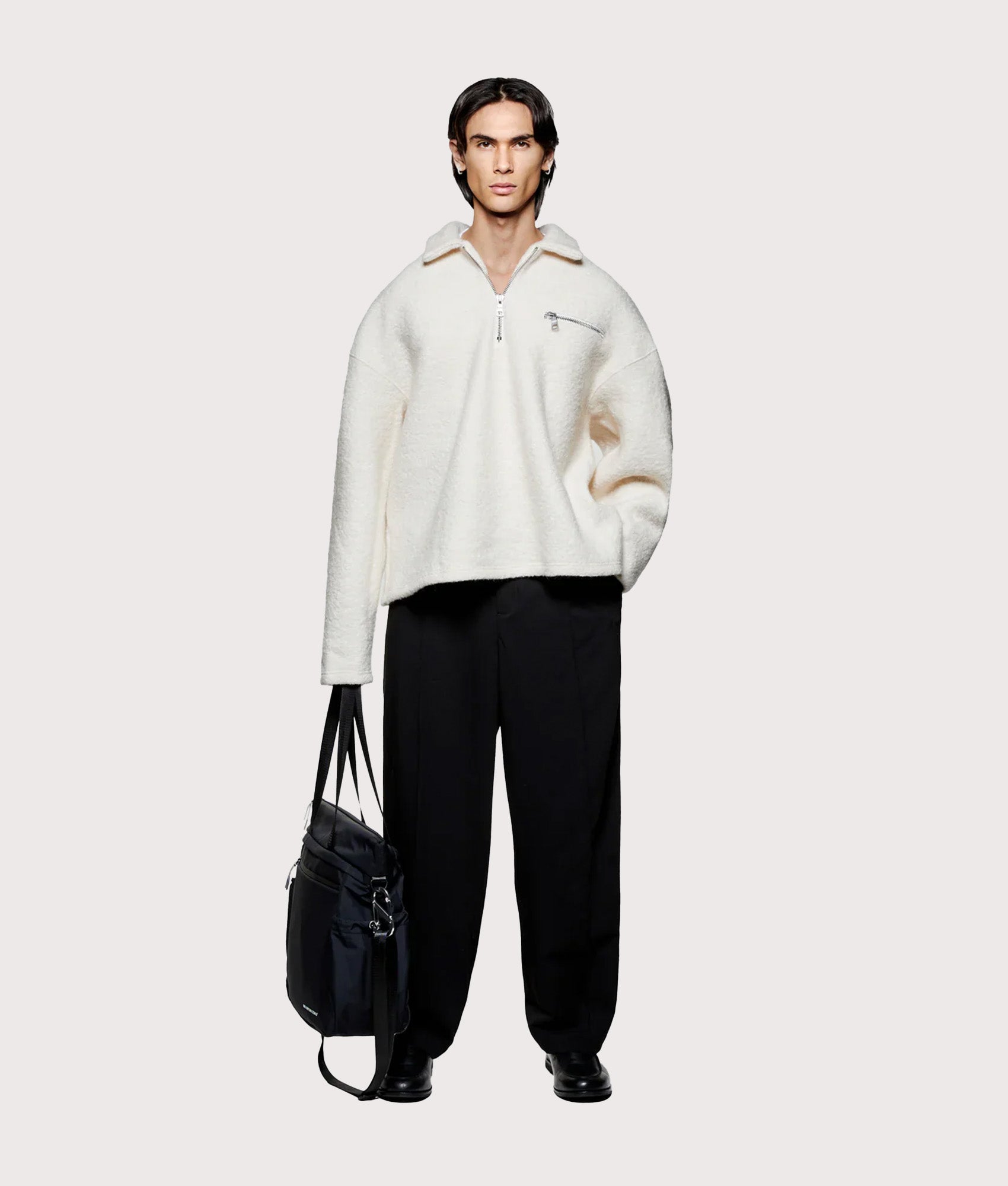MKI MIYUKI ZOKU Oversized Fit Boucle Quarter Zip Overshirt in Off White at EQVVS Menswear. Model full front shot.