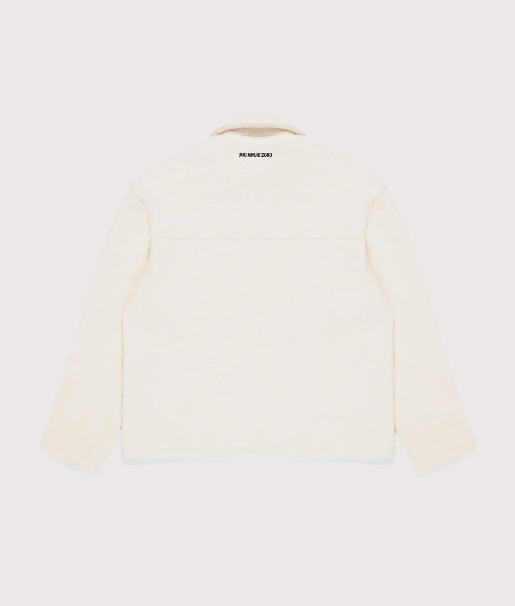 MKI MIYUKI ZOKU Oversized Fit Boucle Quarter Zip Overshirt in Off White at EQVVS Menswear. Back shot.