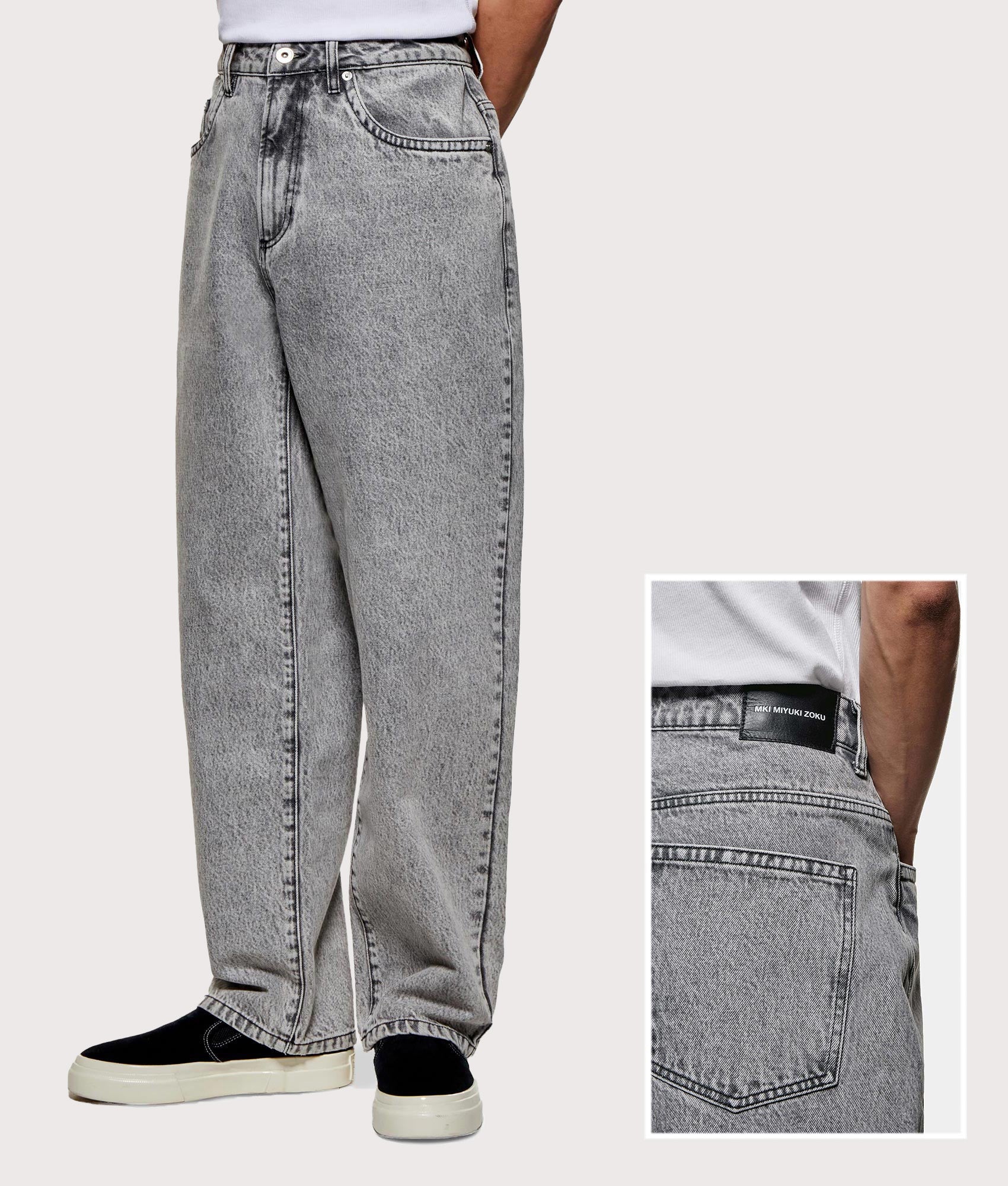 MKI MIYUKI ZOKU Denim Classic Jeans in Washed Black at EQVVS Menswear. Front shot with back detail overlay. 