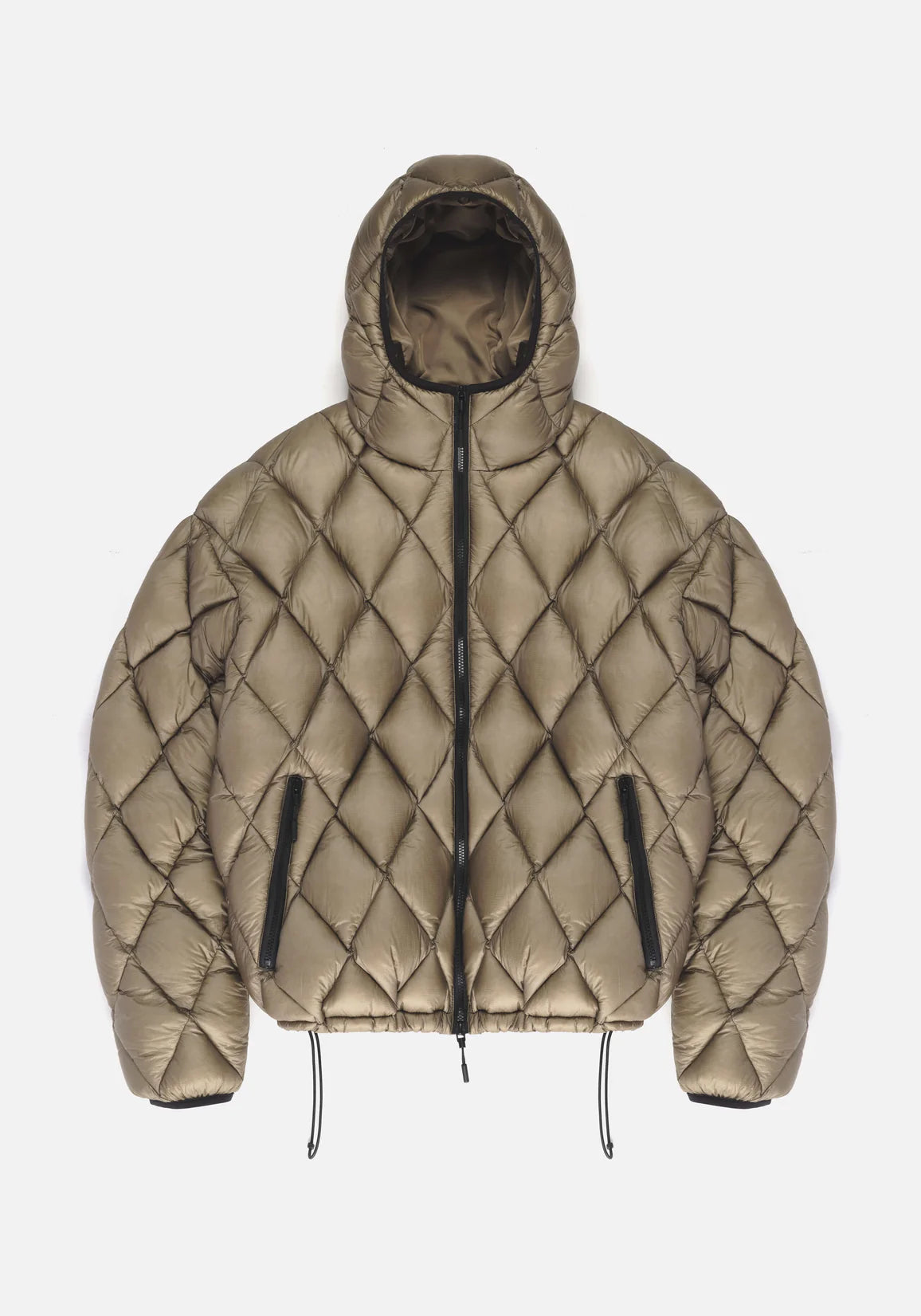 MKI Diamond Quilted Bubble Jacket. Khaki. Flat shot. 