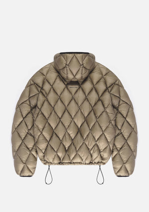 MKI Diamond Quilted Bubble Jacket. Khaki.  Flat shot. 