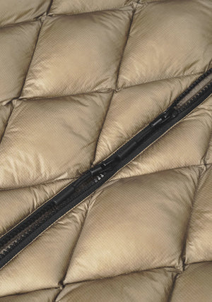 MKI Diamond Quilted Bubble Jacket. Khaki.  Detail shot. 