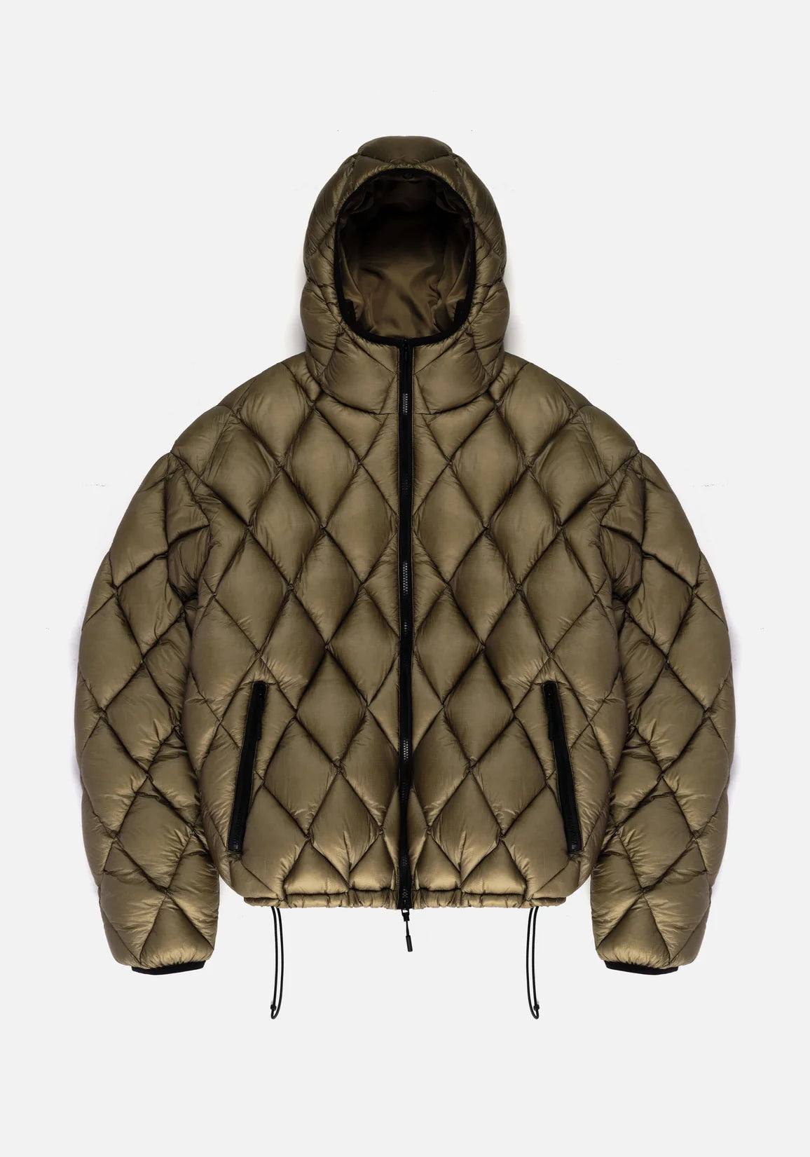 Green Moss MKI Miyuki Zoku Diamond BUbble Jacket. Flat shot. 