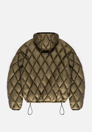 Green Moss MKI Miyuki Zoku Diamond BUbble Jacket. Flat shot. 