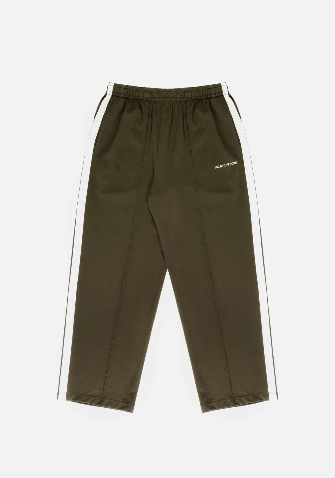 MKI Miyuki Zoku Olive Wide Fit Track Pants. Flat shot. 